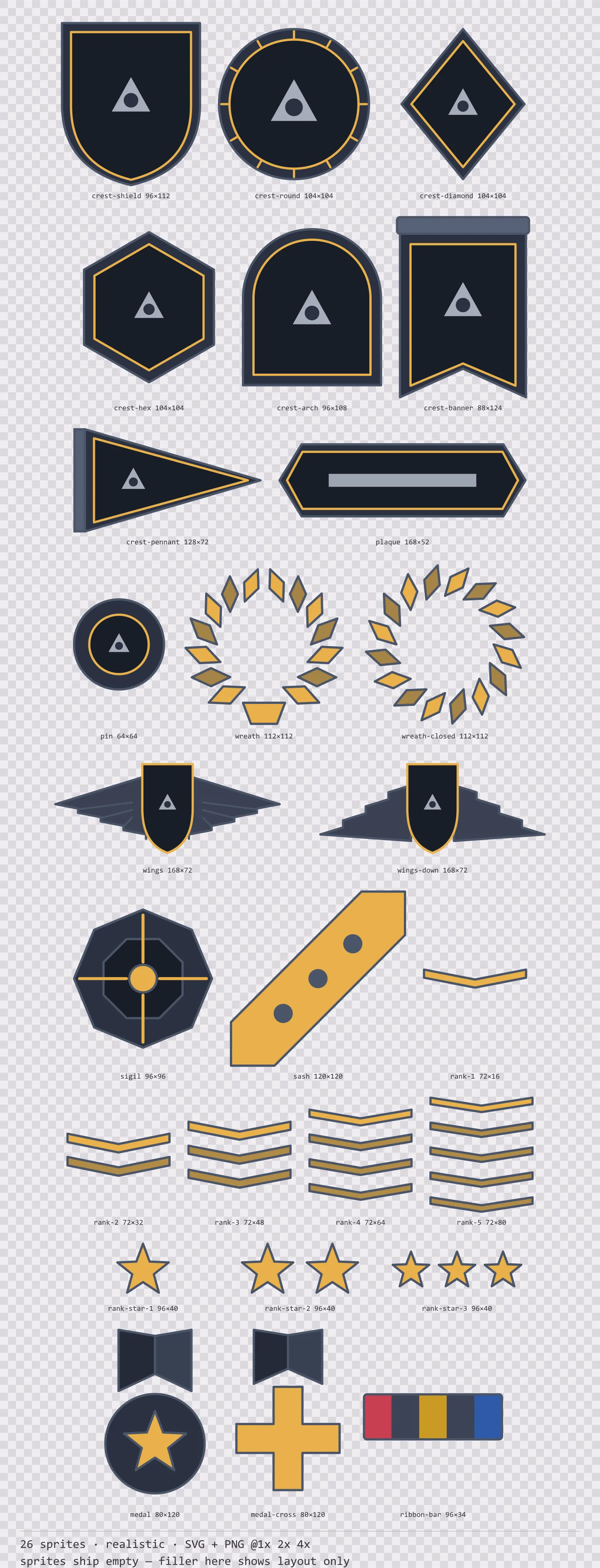 Sheet showing 26 realistic crests, insignia and rank marks from the Slate family, arranged on a transparency checkerboard with their pixel sizes printed underneath