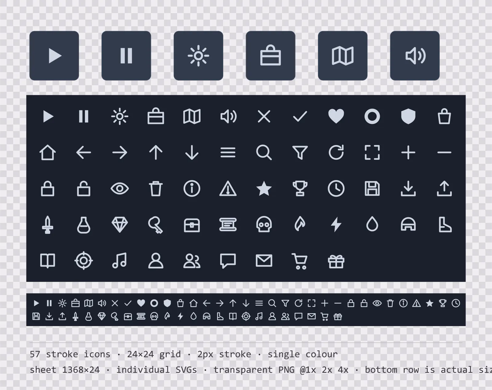 57 outlined game menu icons on dark slate tiles, shown large, laid out on a sheet grid, and again at actual 24 pixel size