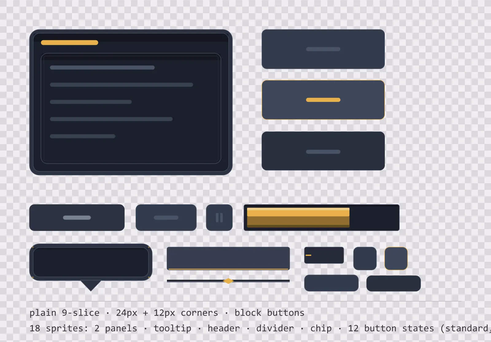 dark slate game menu panel with a warm gold title strip and a recessed list area, next to a column showing the same square button in default, outlined hover and pushed-in pressed states