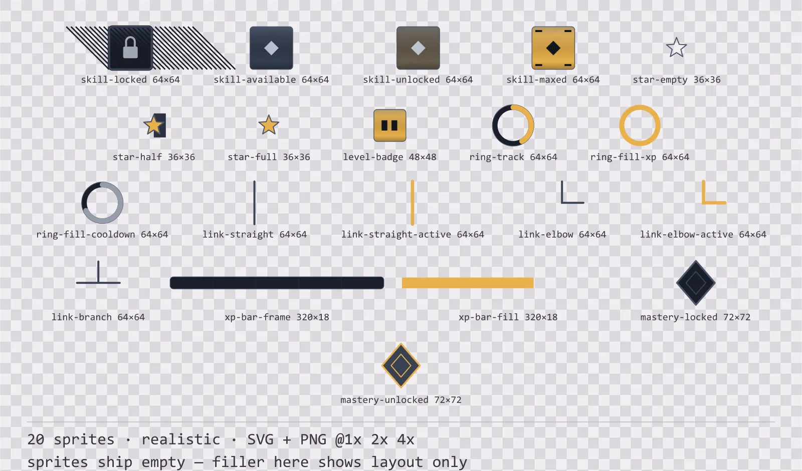 Sheet showing 20 realistic progression and reward components from the Slate family, arranged on a transparency checkerboard with their pixel sizes printed underneath