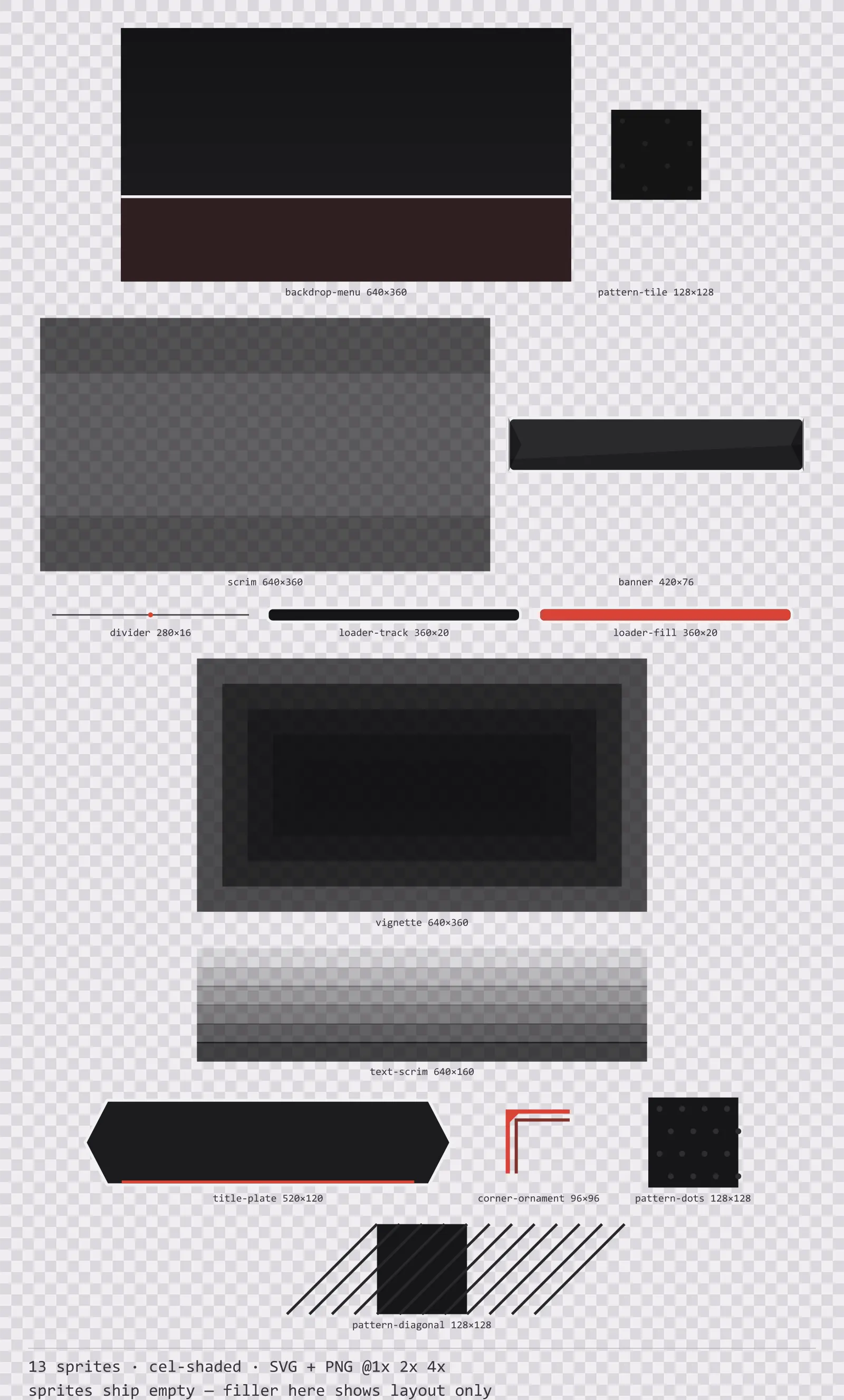 Sheet showing 13 cel-shaded background and overlay pieces from the Sumi family, arranged on a transparency checkerboard with their pixel sizes printed underneath