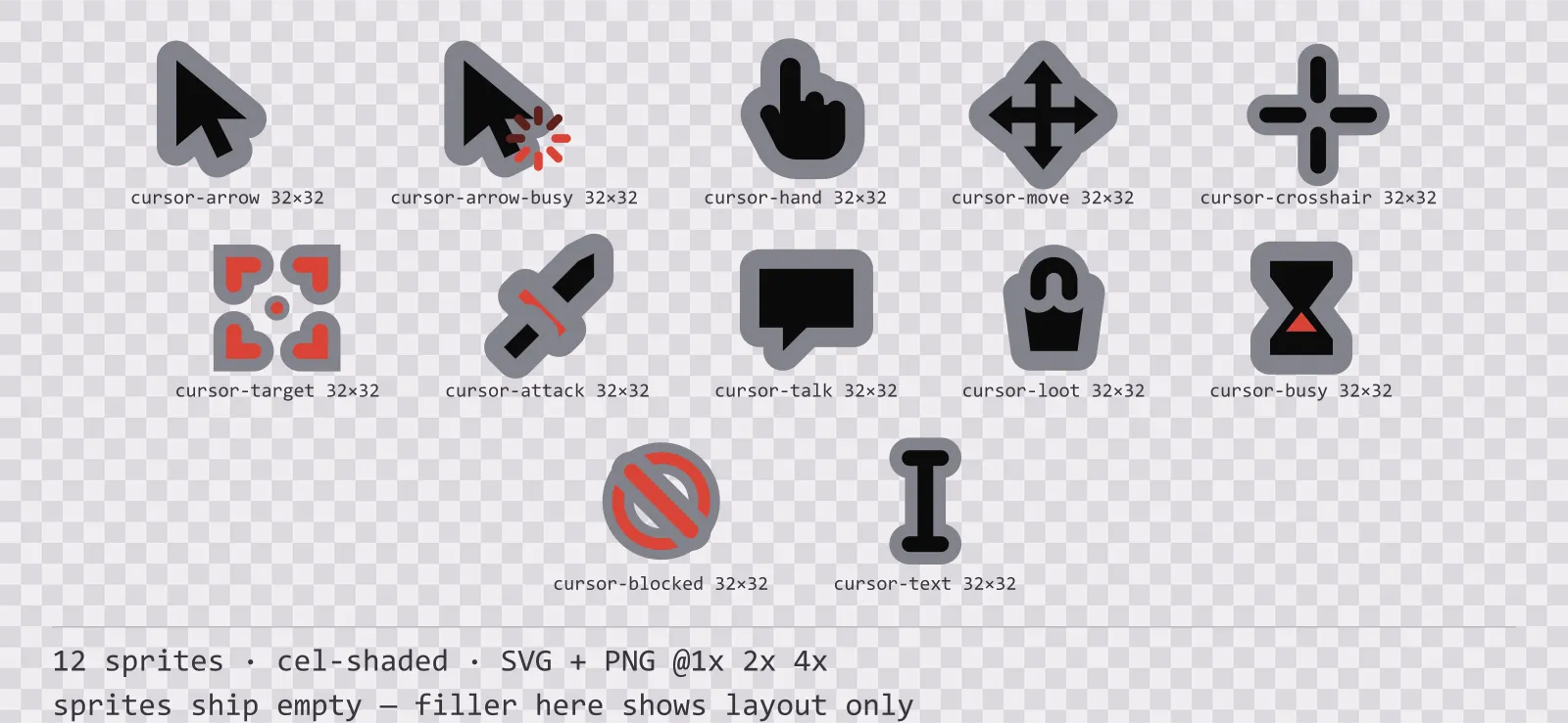 Sheet showing 12 cel-shaded mouse cursors from the Sumi family, arranged on a transparency checkerboard with their pixel sizes printed underneath