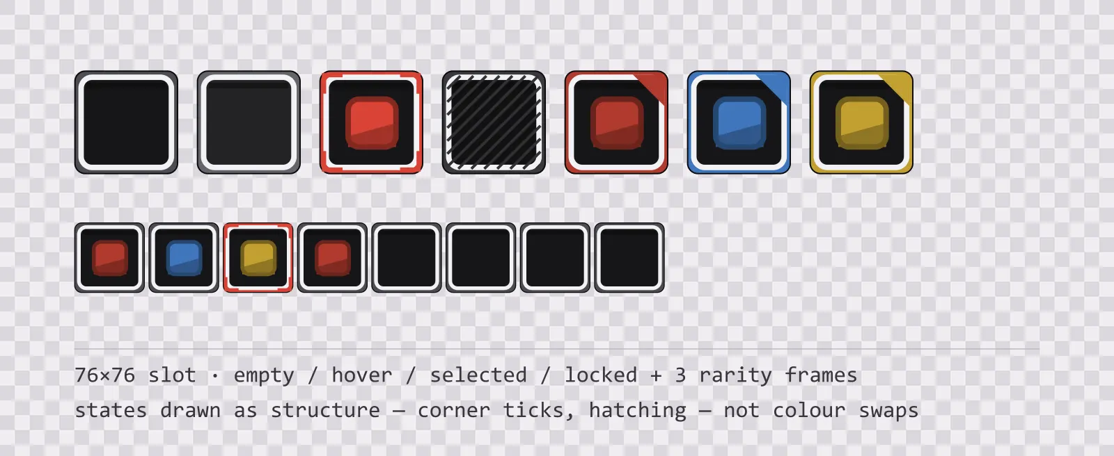 A row of square game inventory slots on a checkerboard background showing empty, hover, selected with corner ticks, and diagonally hatched locked states, followed by coloured rarity frames and a tiled eight-slot grid