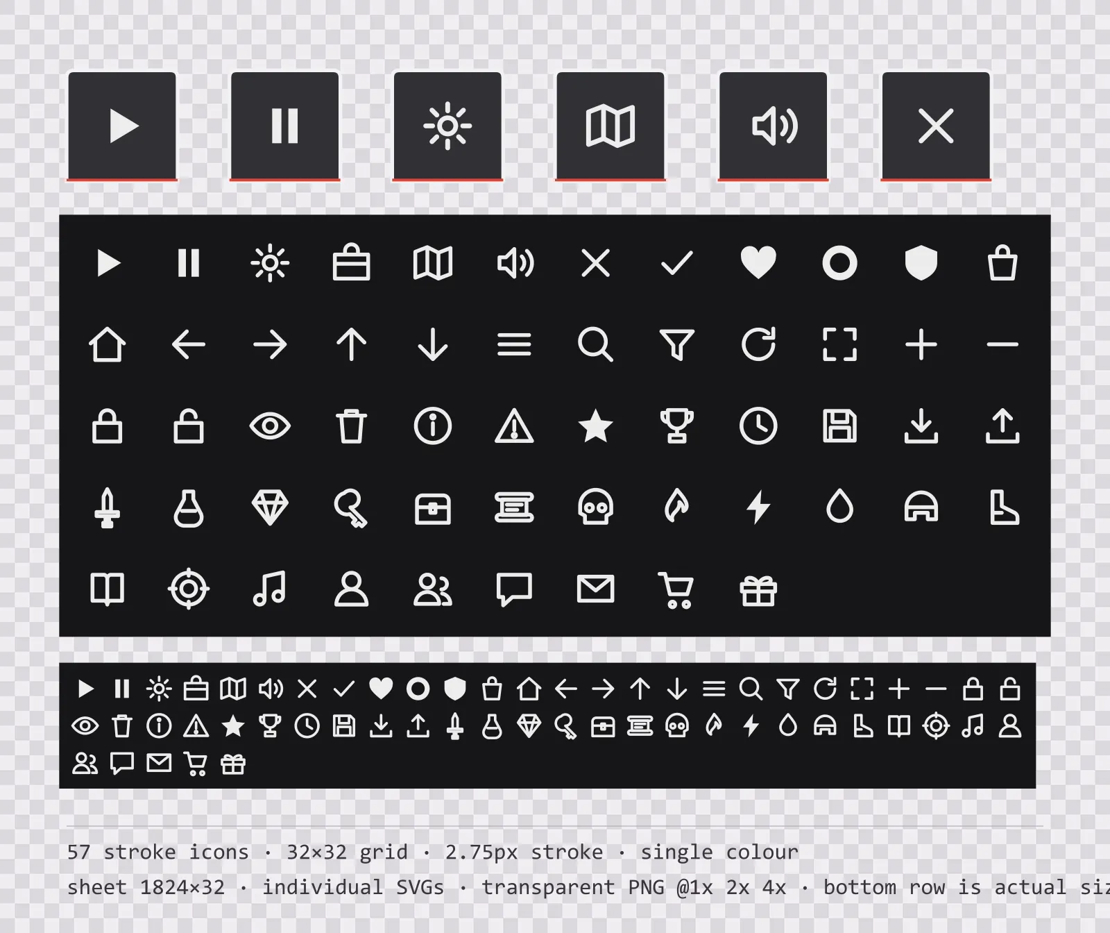 57 outlined game menu icons on ink wash tiles, shown large, laid out on a sheet grid, and again at actual 32 pixel size