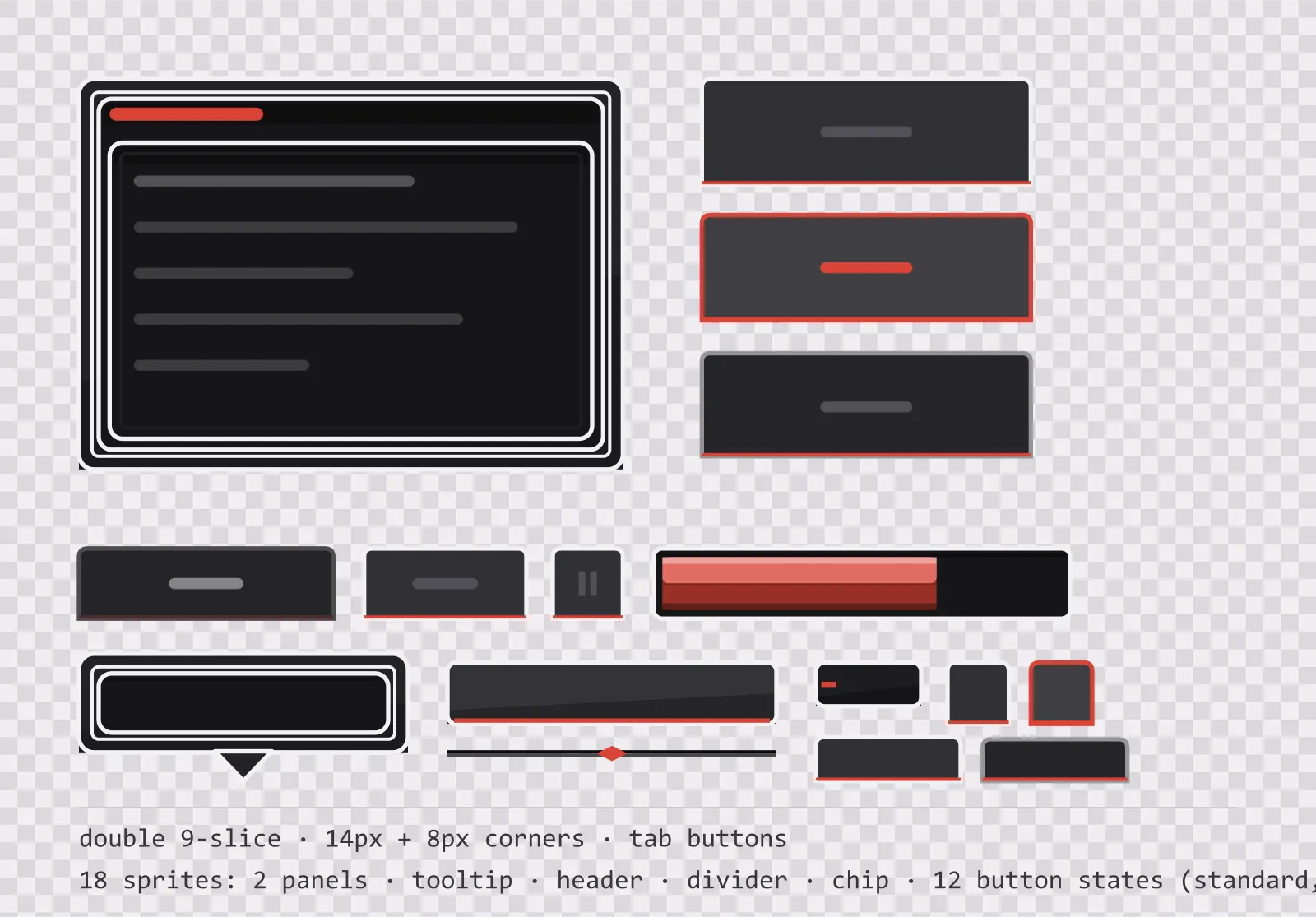 ink wash game menu panel with a seal red title strip and a recessed list area, next to a column showing the same tab button in default, outlined hover and pushed-in pressed states