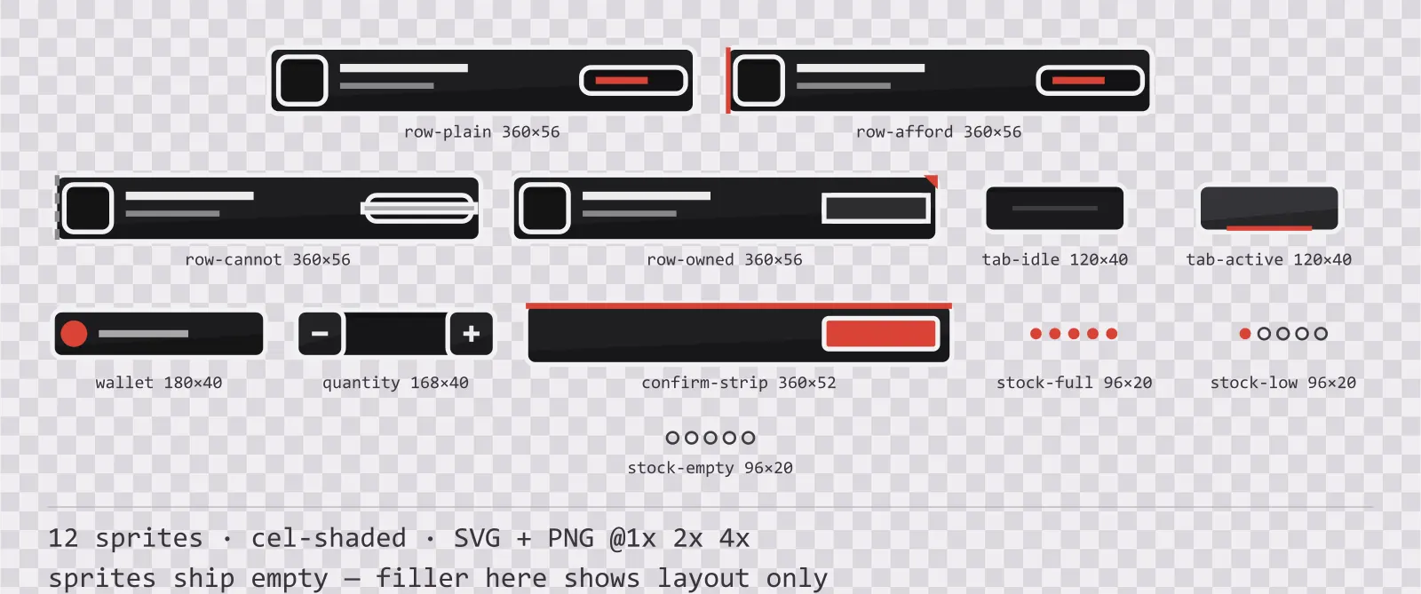 Sheet showing 12 cel-shaded shop and economy widgets from the Sumi family, arranged on a transparency checkerboard with their pixel sizes printed underneath