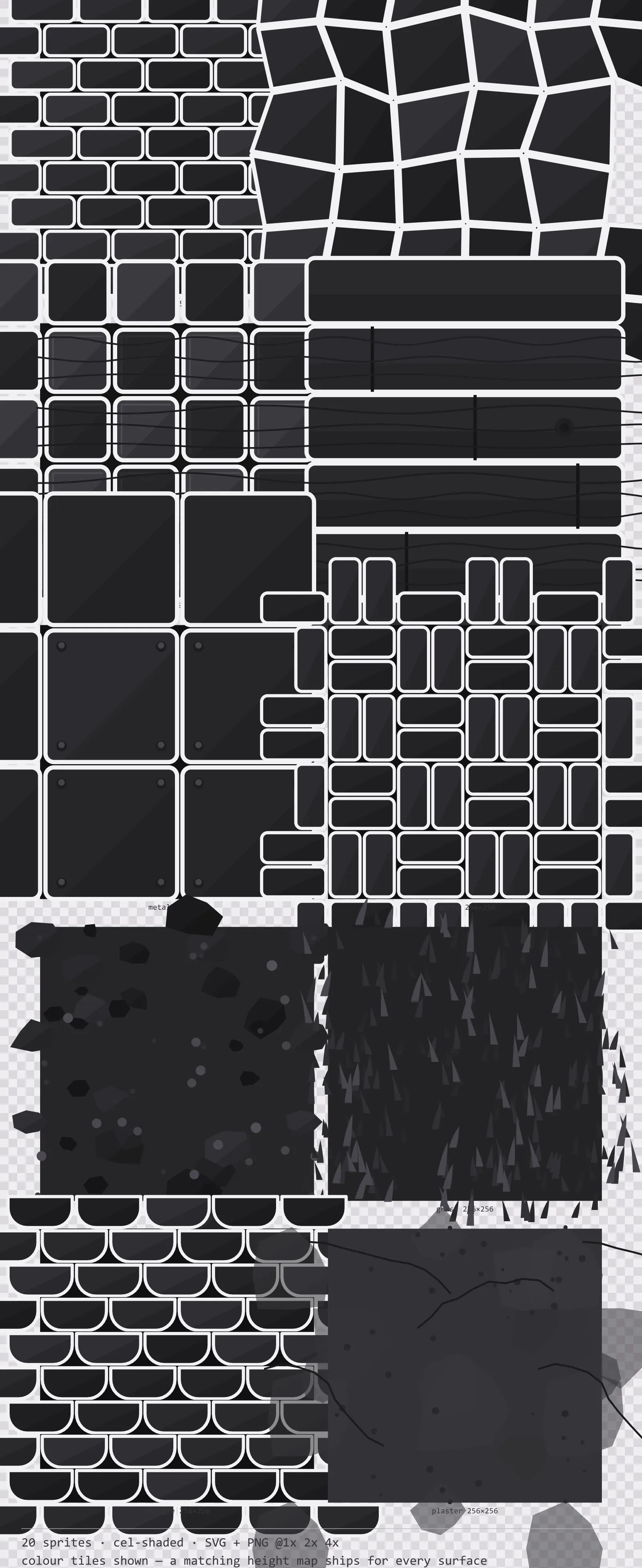 Sheet showing 20 cel-shaded tiling surface textures from the Sumi family, arranged on a transparency checkerboard with their pixel sizes printed underneath