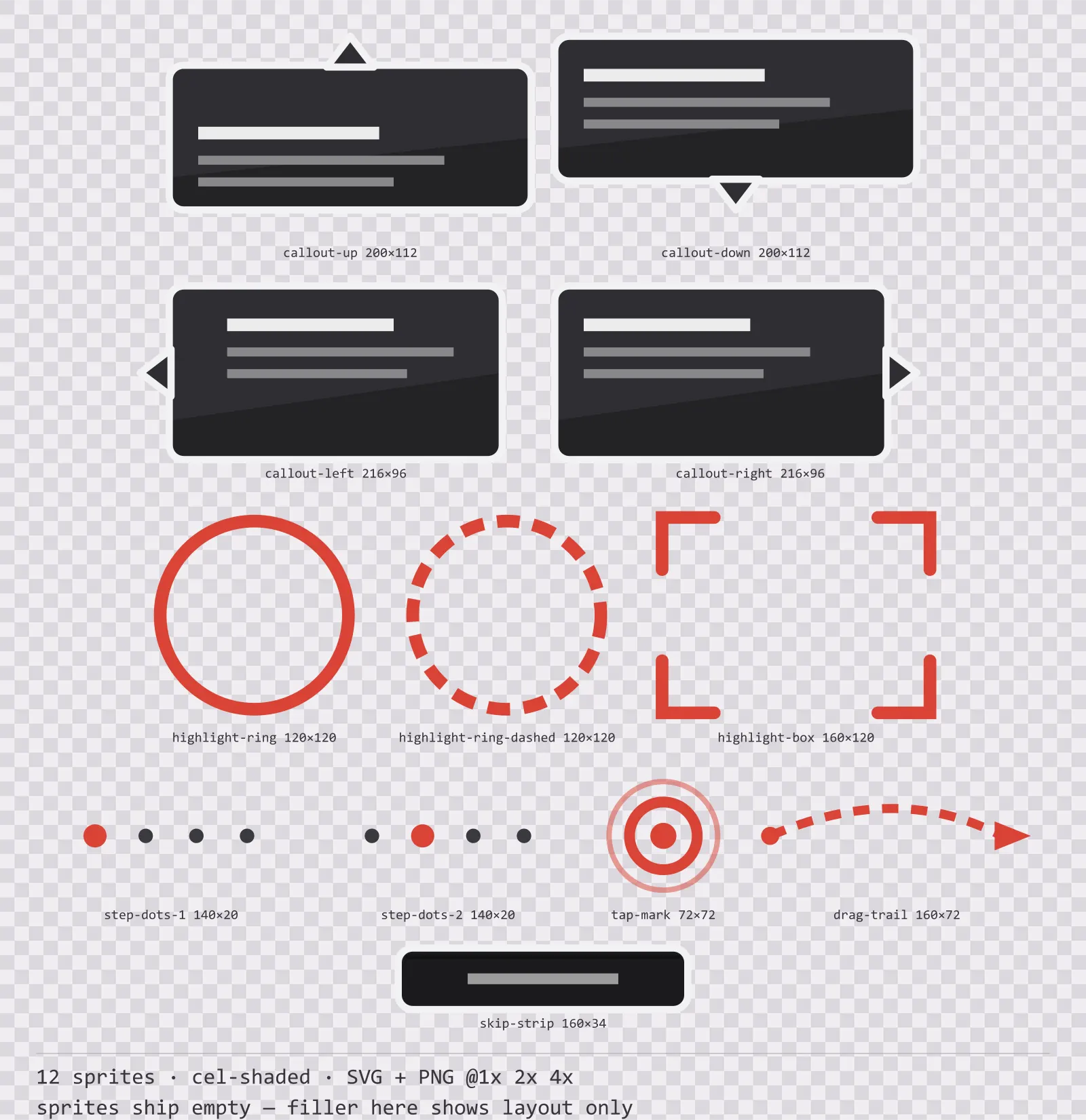 Sheet showing 12 cel-shaded tutorial and onboarding markers from the Sumi family, arranged on a transparency checkerboard with their pixel sizes printed underneath