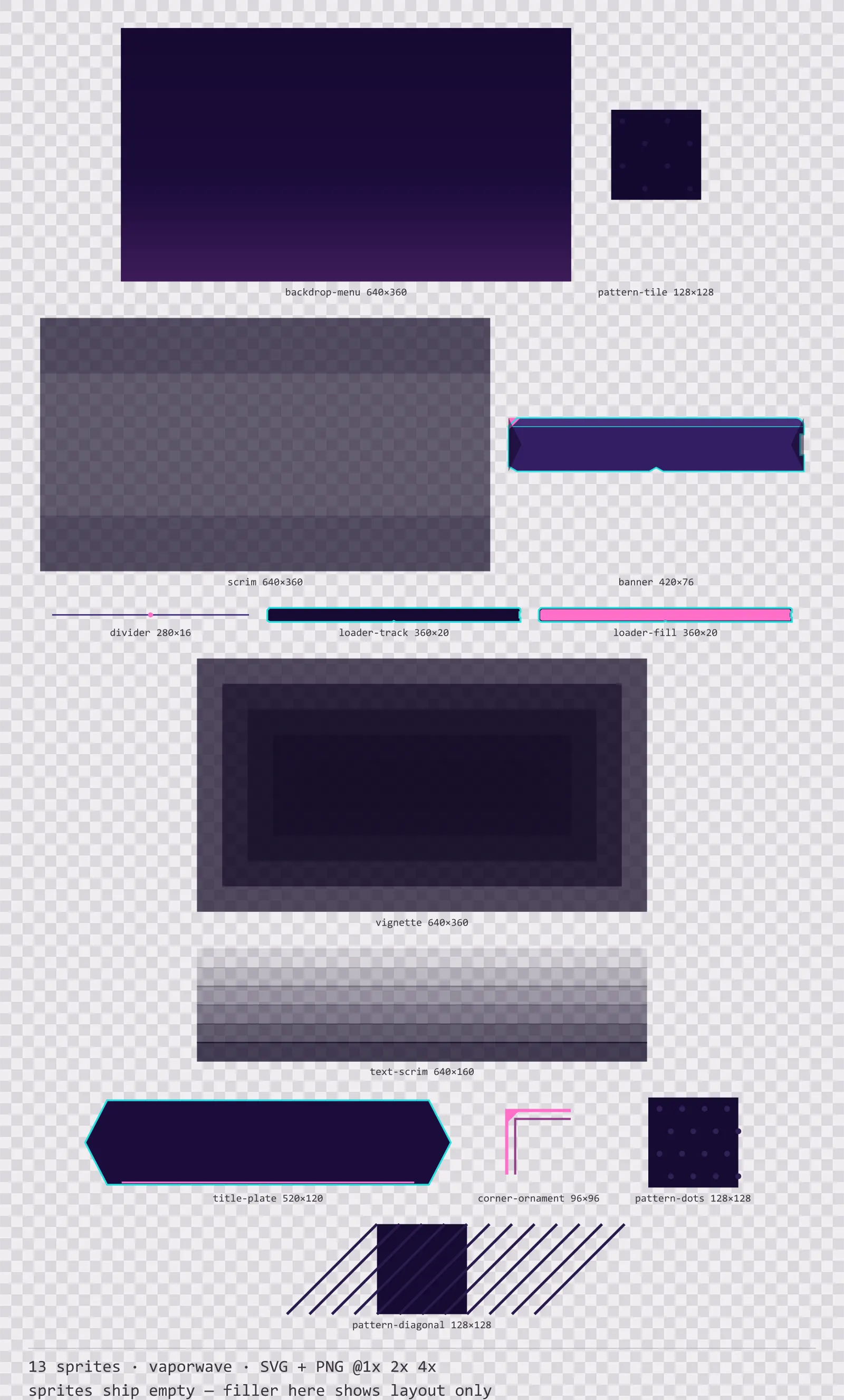 Sheet showing 13 vaporwave background and overlay pieces from the Sunset Drive family, arranged on a transparency checkerboard with their pixel sizes printed underneath