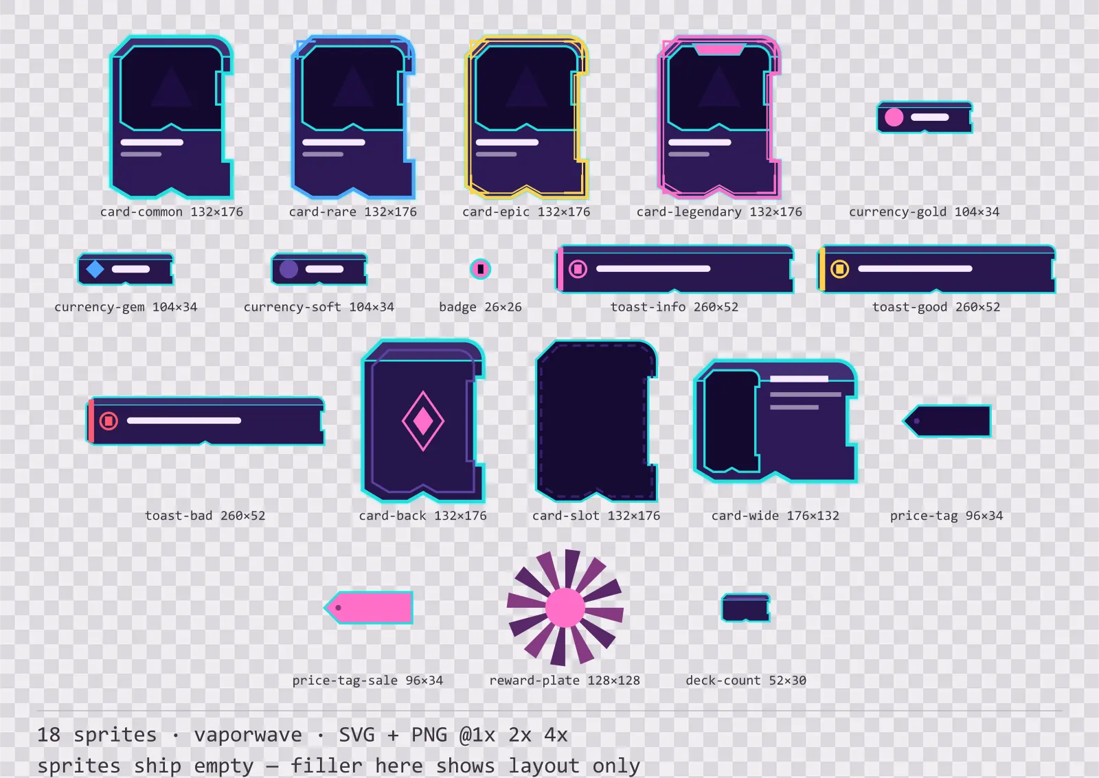 Sheet showing 18 vaporwave card, currency and notification components from the Sunset Drive family, arranged on a transparency checkerboard with their pixel sizes printed underneath