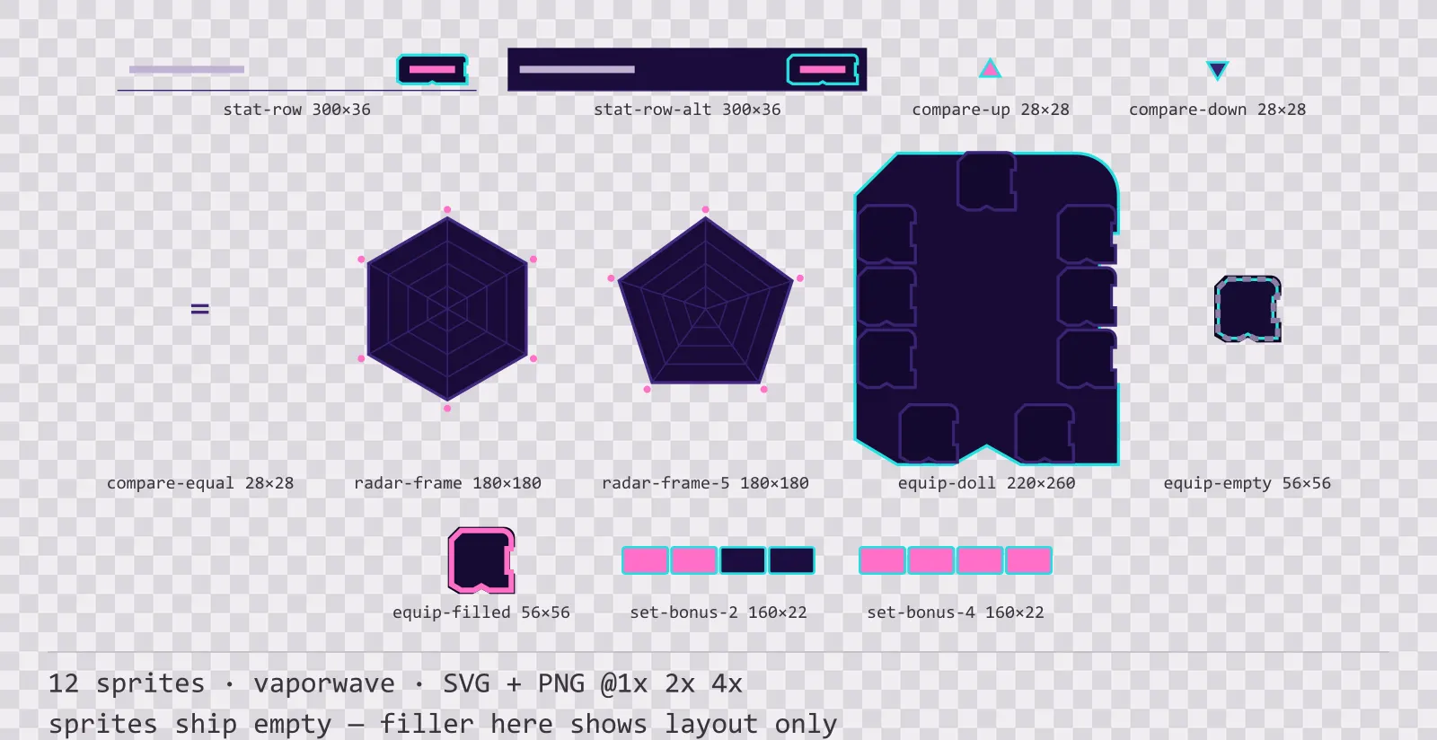 Sheet showing 12 vaporwave character sheet and stat widgets from the Sunset Drive family, arranged on a transparency checkerboard with their pixel sizes printed underneath
