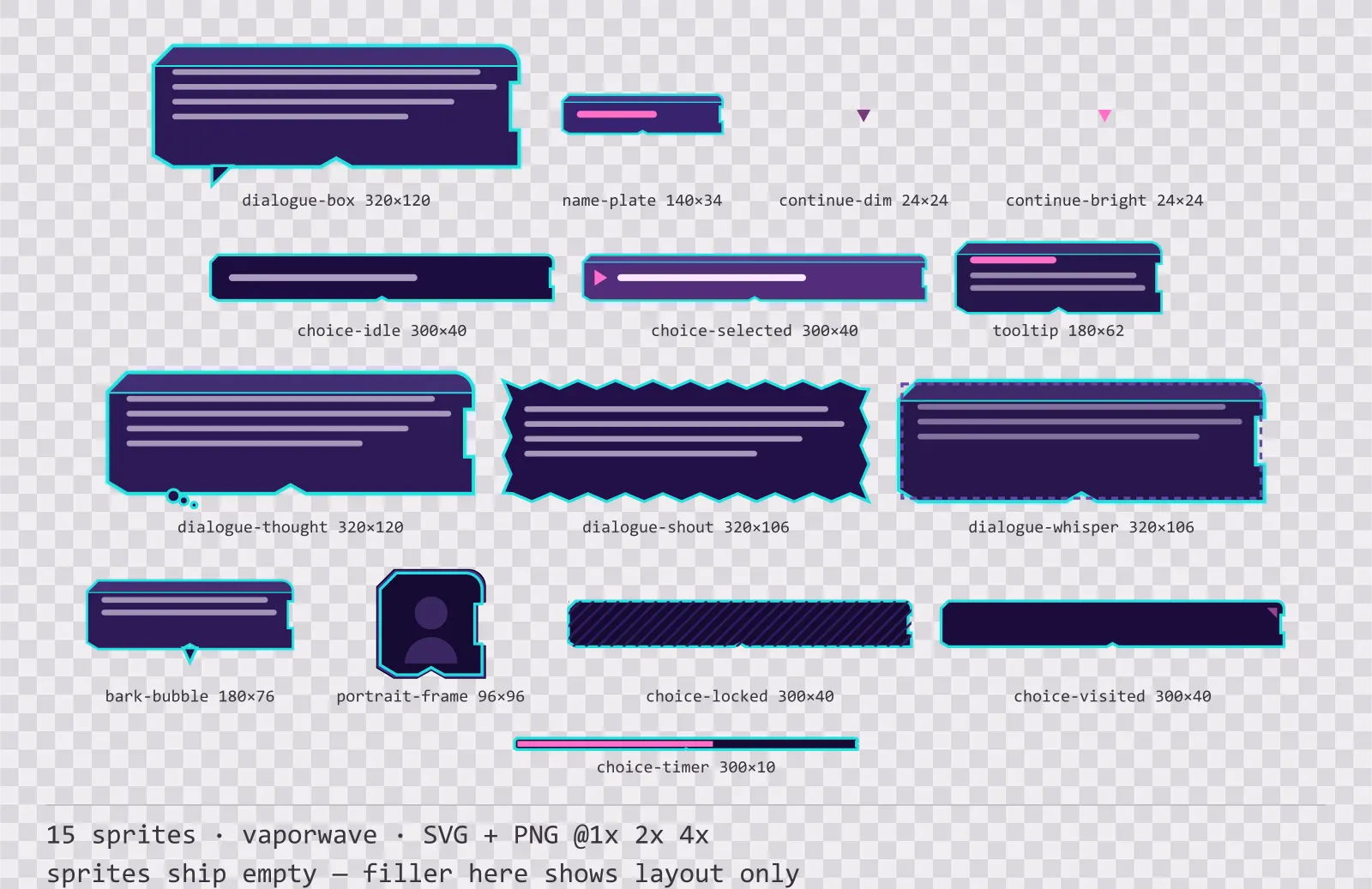 Sheet showing 15 vaporwave dialogue components from the Sunset Drive family, arranged on a transparency checkerboard with their pixel sizes printed underneath