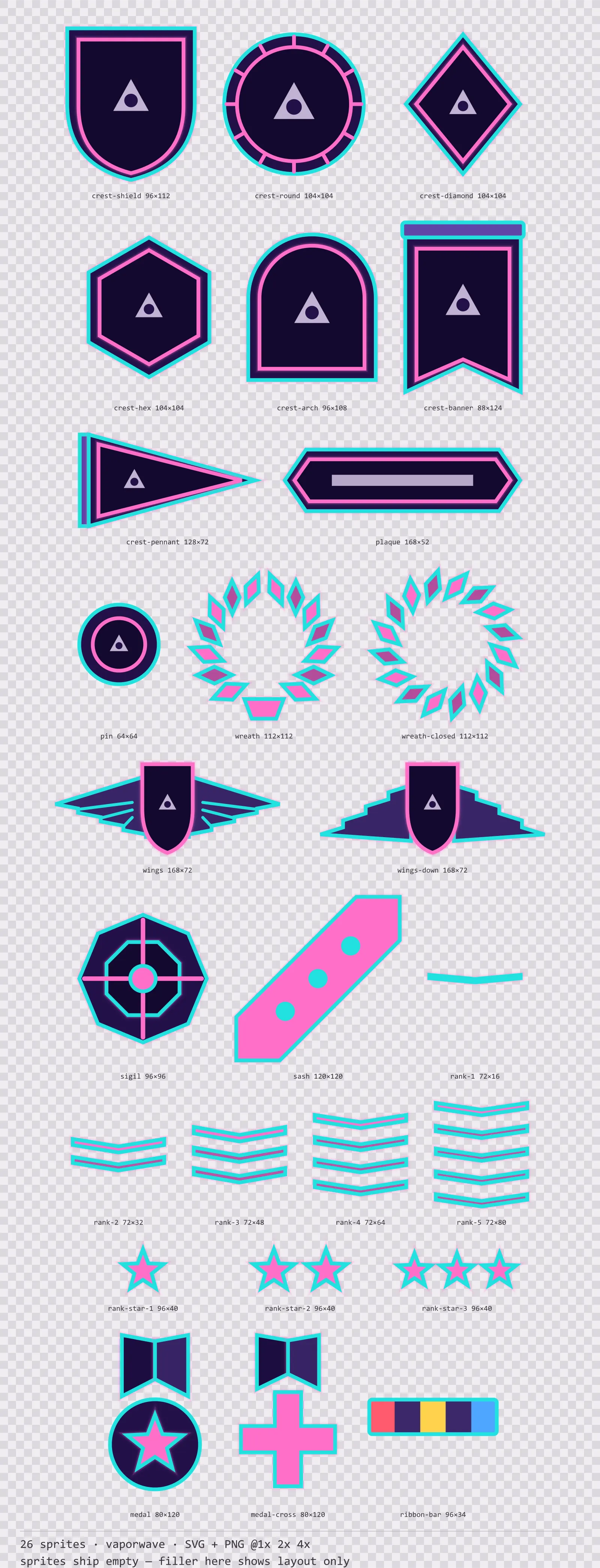 Sheet showing 26 vaporwave crests, insignia and rank marks from the Sunset Drive family, arranged on a transparency checkerboard with their pixel sizes printed underneath