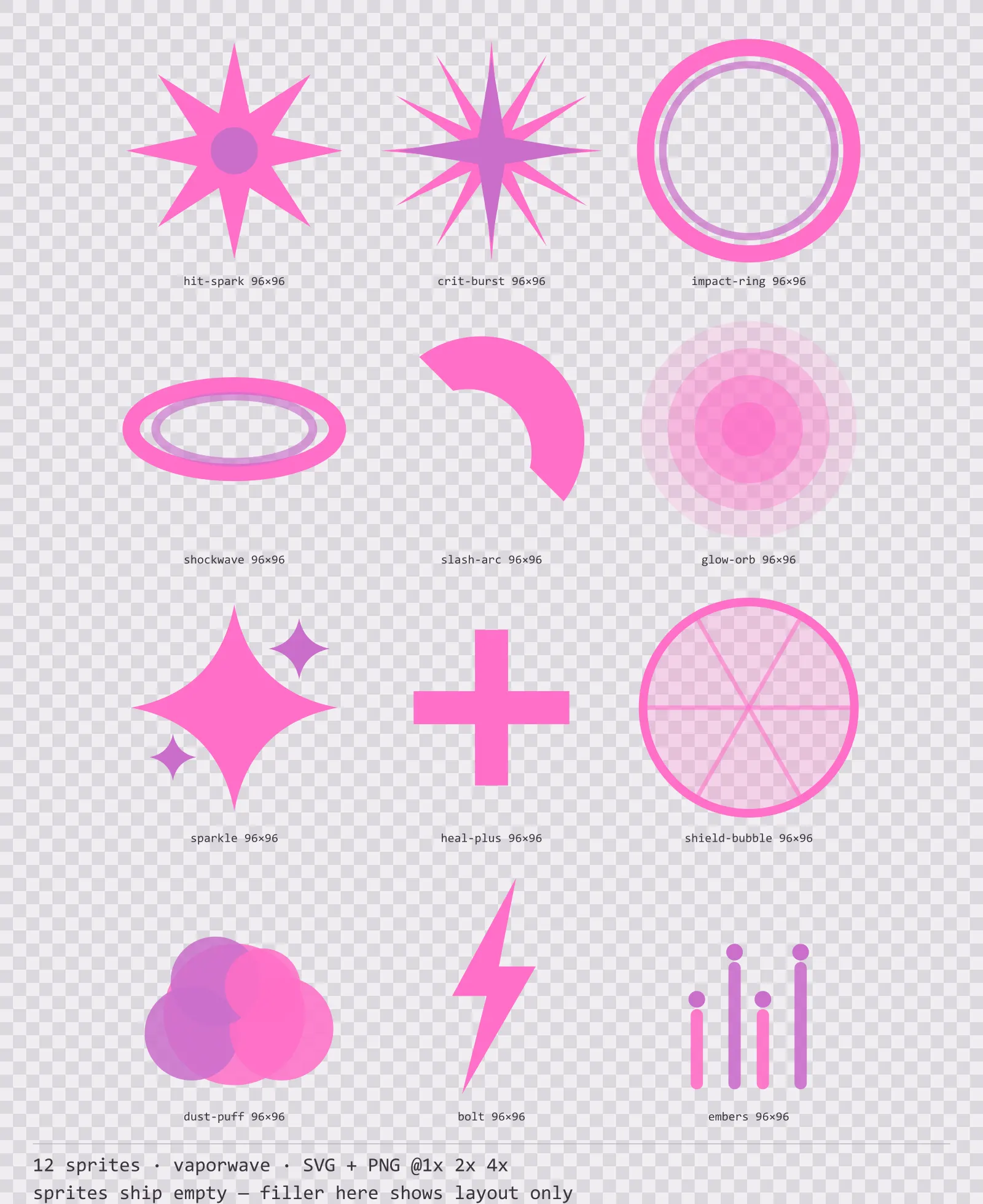 Sheet showing 12 vaporwave impact and effect sprites from the Sunset Drive family, arranged on a transparency checkerboard with their pixel sizes printed underneath