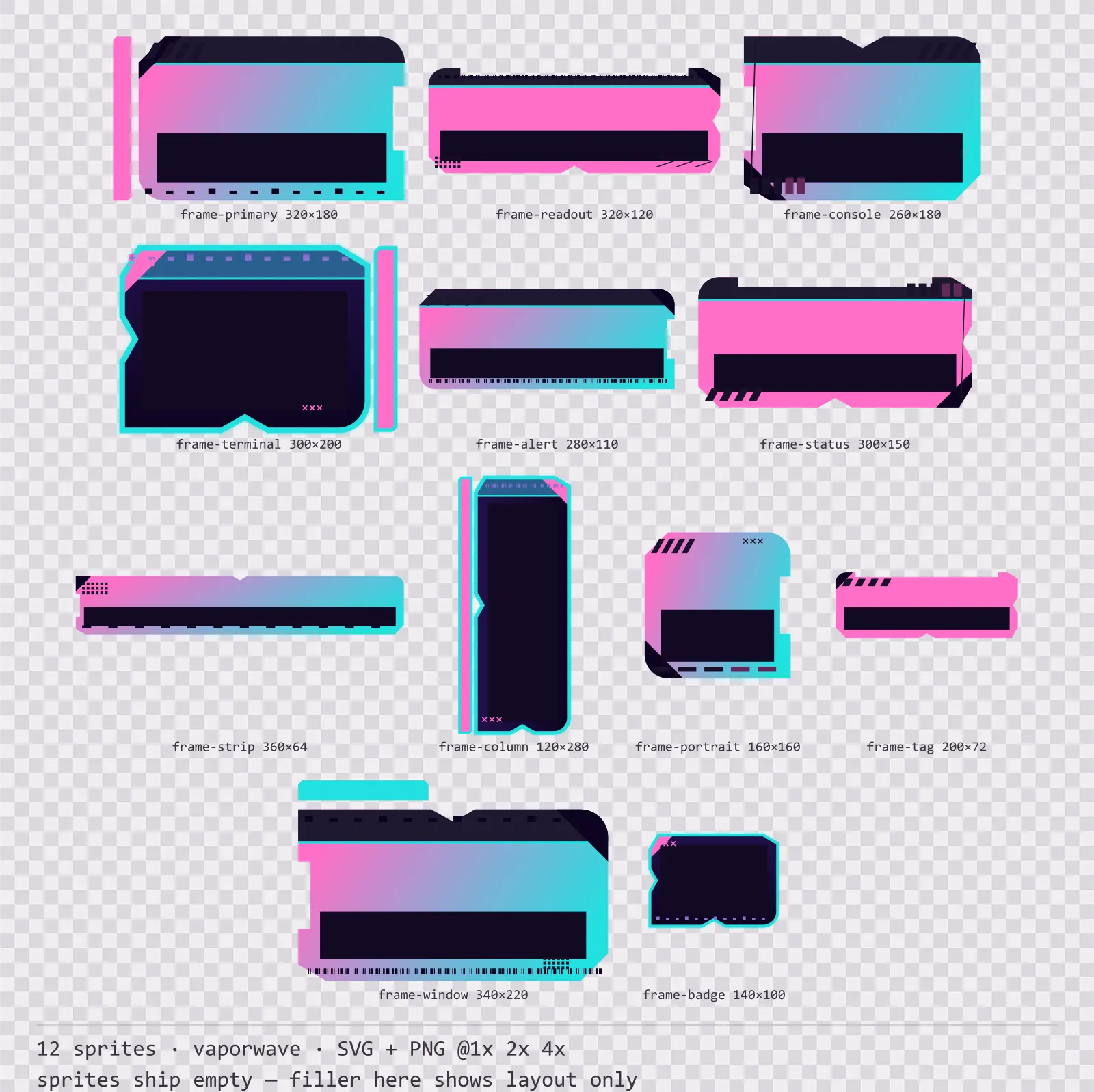 Sheet showing 12 vaporwave HUD frames from the Sunset Drive family, arranged on a transparency checkerboard with their pixel sizes printed underneath