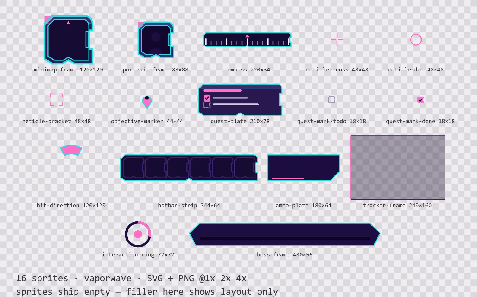 Sheet showing 16 vaporwave heads-up display frames from the Sunset Drive family, arranged on a transparency checkerboard with their pixel sizes printed underneath
