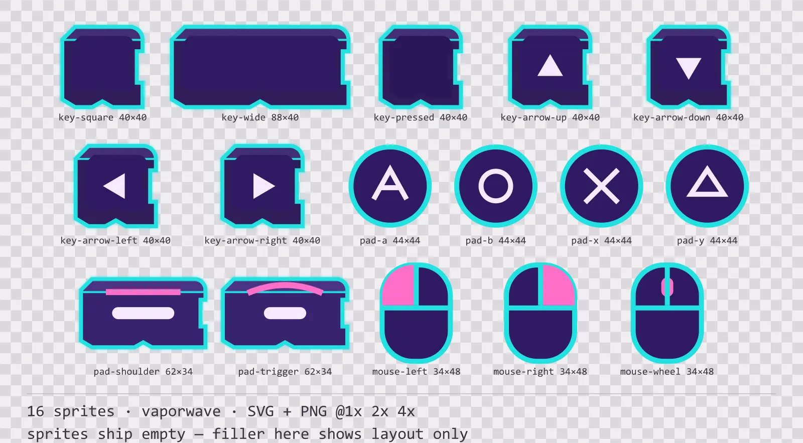 Sheet showing 16 vaporwave input prompt sprites from the Sunset Drive family, arranged on a transparency checkerboard with their pixel sizes printed underneath