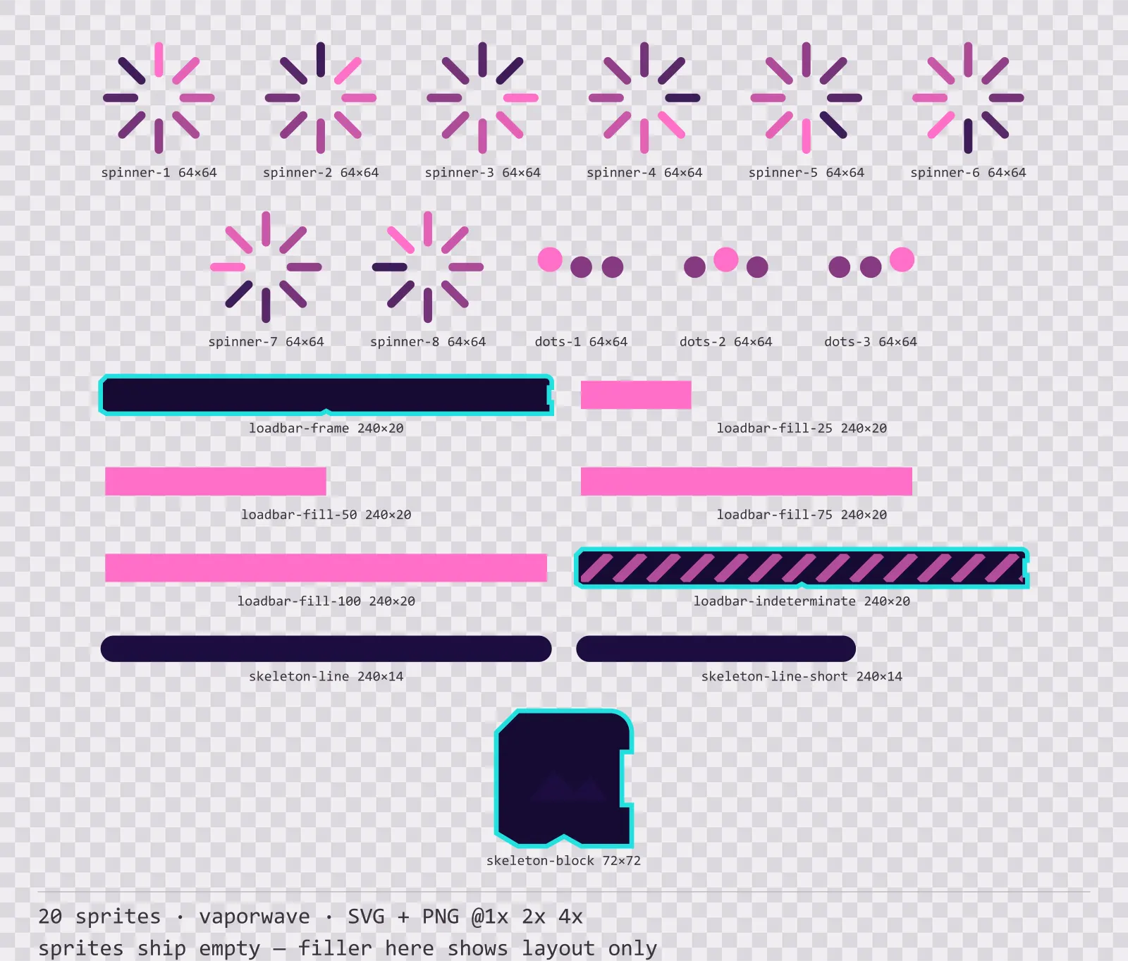 Sheet showing 20 vaporwave loading and waiting indicators from the Sunset Drive family, arranged on a transparency checkerboard with their pixel sizes printed underneath