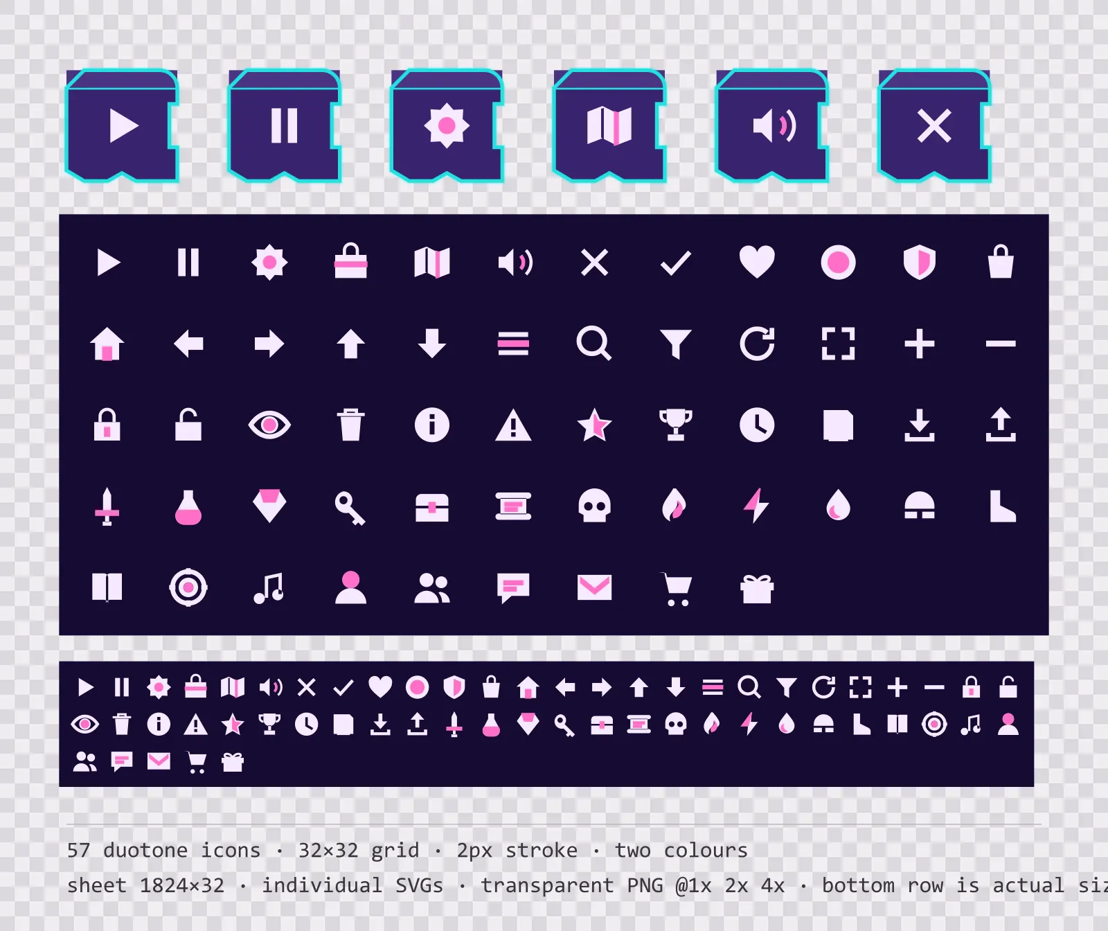 57 two-tone game menu icons on sunset haze tiles, shown large, laid out on a sheet grid, and again at actual 32 pixel size