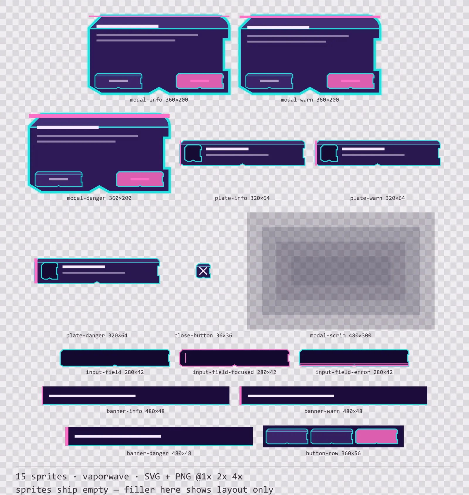 Sheet showing 15 vaporwave modal dialogs and system notices from the Sunset Drive family, arranged on a transparency checkerboard with their pixel sizes printed underneath