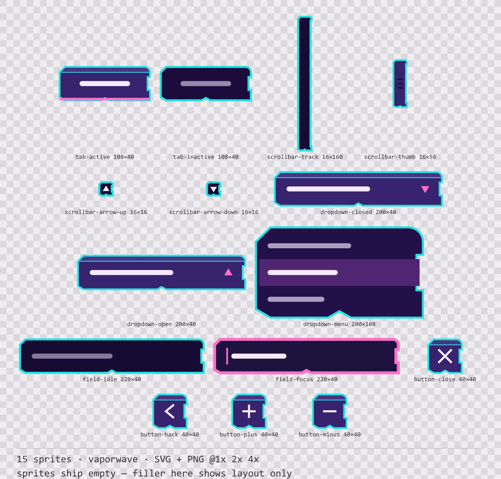 Sheet showing 15 vaporwave navigation and input components from the Sunset Drive family, arranged on a transparency checkerboard with their pixel sizes printed underneath