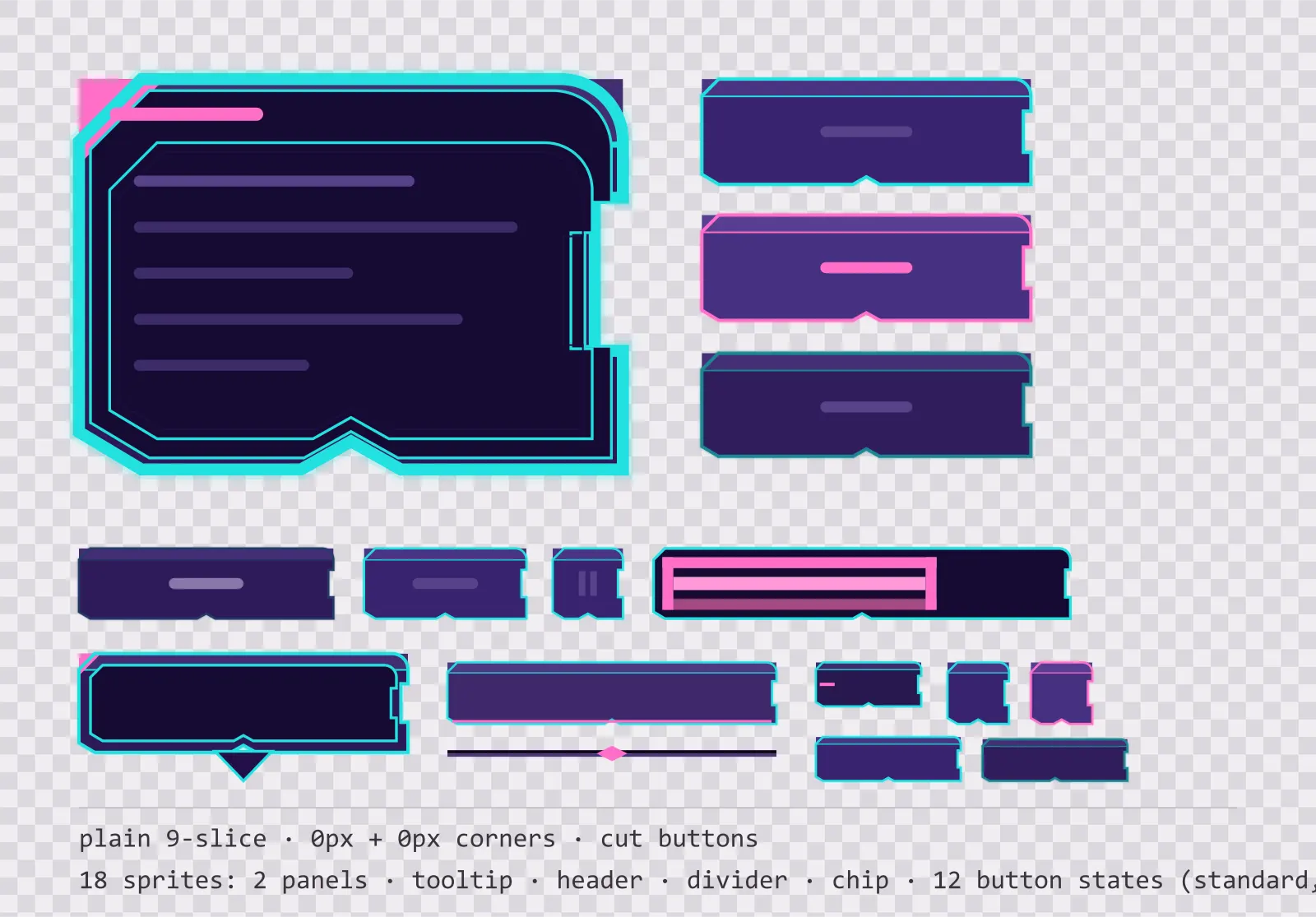 sunset haze game menu panel with a flamingo pink title strip and a recessed list area, next to a column showing the same chamfered button in default, outlined hover and pushed-in pressed states