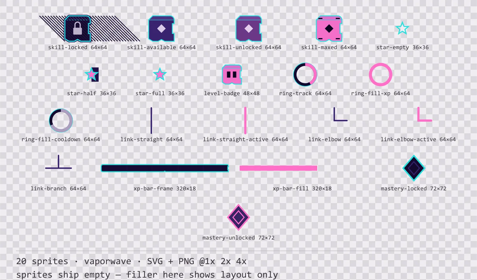 Sheet showing 20 vaporwave progression and reward components from the Sunset Drive family, arranged on a transparency checkerboard with their pixel sizes printed underneath