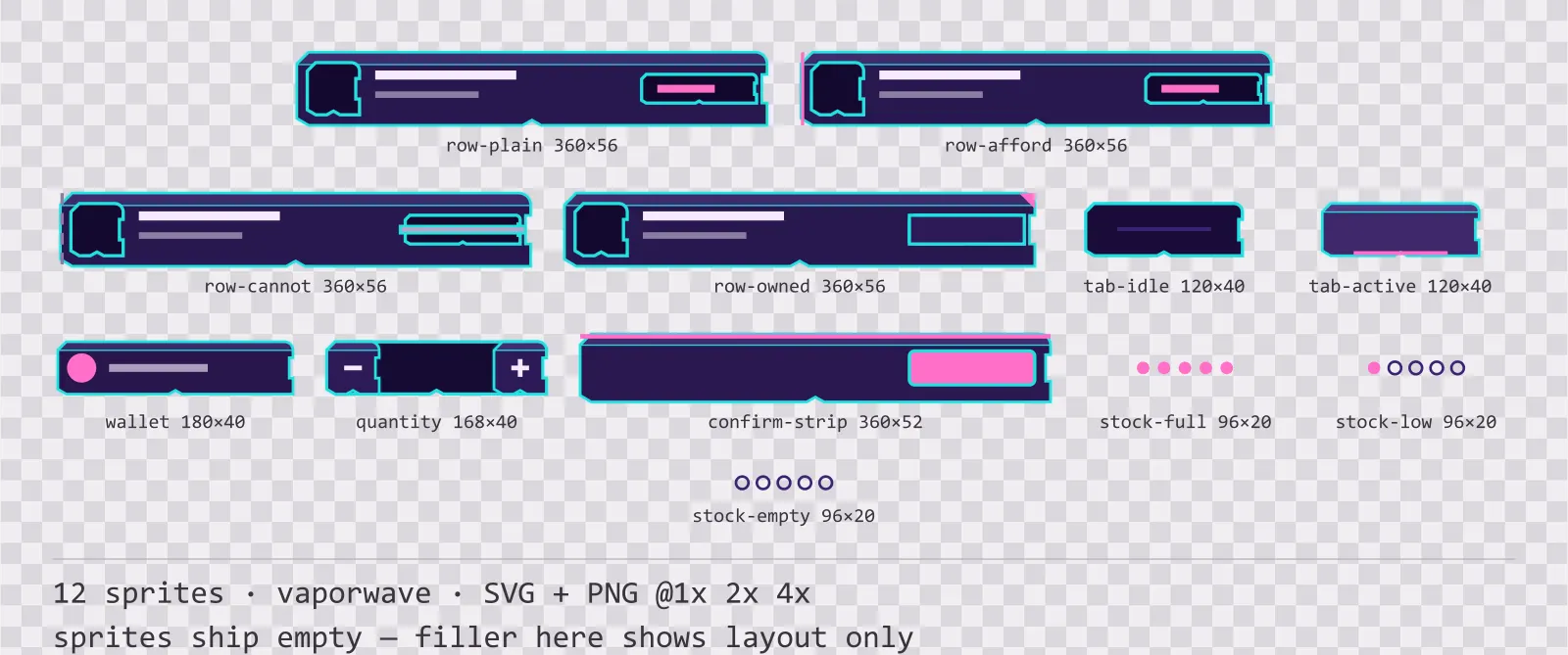 Sheet showing 12 vaporwave shop and economy widgets from the Sunset Drive family, arranged on a transparency checkerboard with their pixel sizes printed underneath