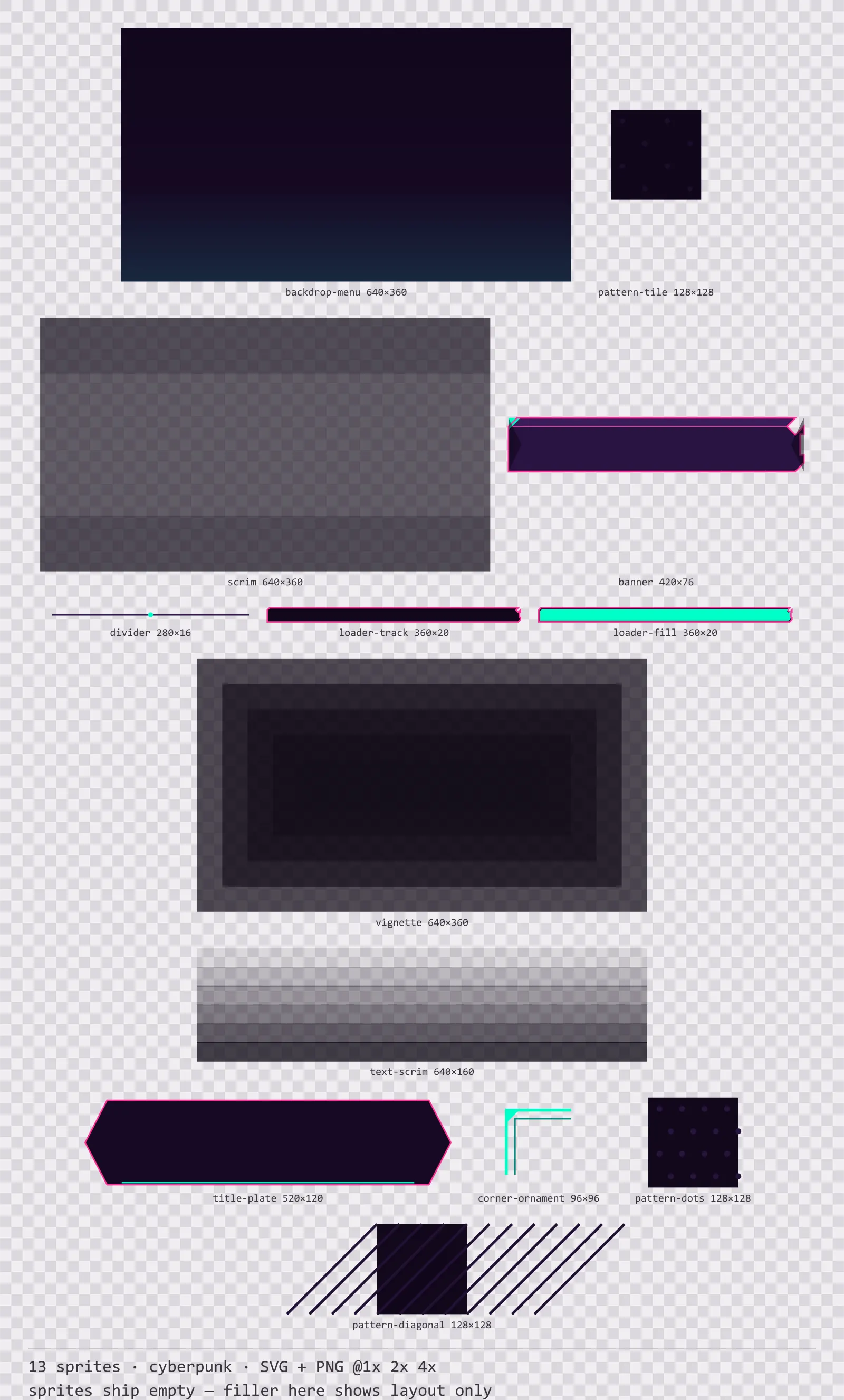 Sheet showing 13 cyberpunk background and overlay pieces from the Voidrunner family, arranged on a transparency checkerboard with their pixel sizes printed underneath