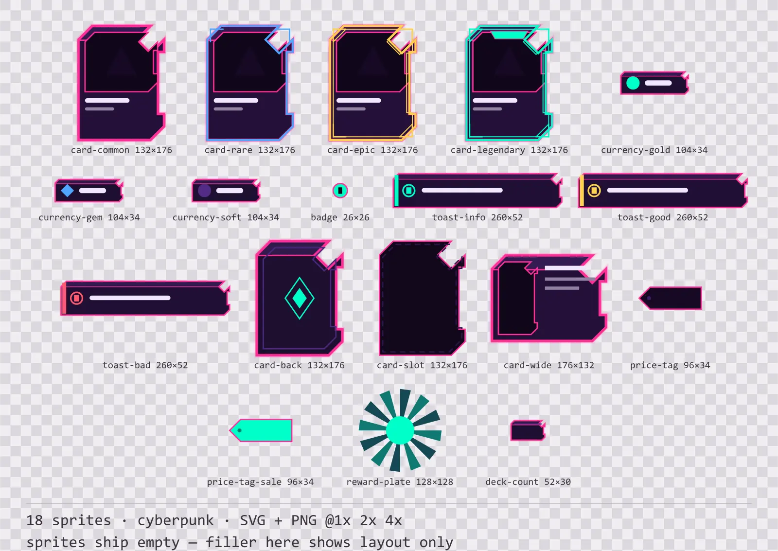 Sheet showing 18 cyberpunk card, currency and notification components from the Voidrunner family, arranged on a transparency checkerboard with their pixel sizes printed underneath