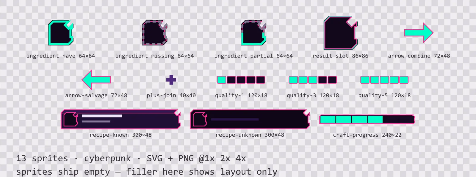 Sheet showing 13 cyberpunk crafting and recipe widgets from the Voidrunner family, arranged on a transparency checkerboard with their pixel sizes printed underneath