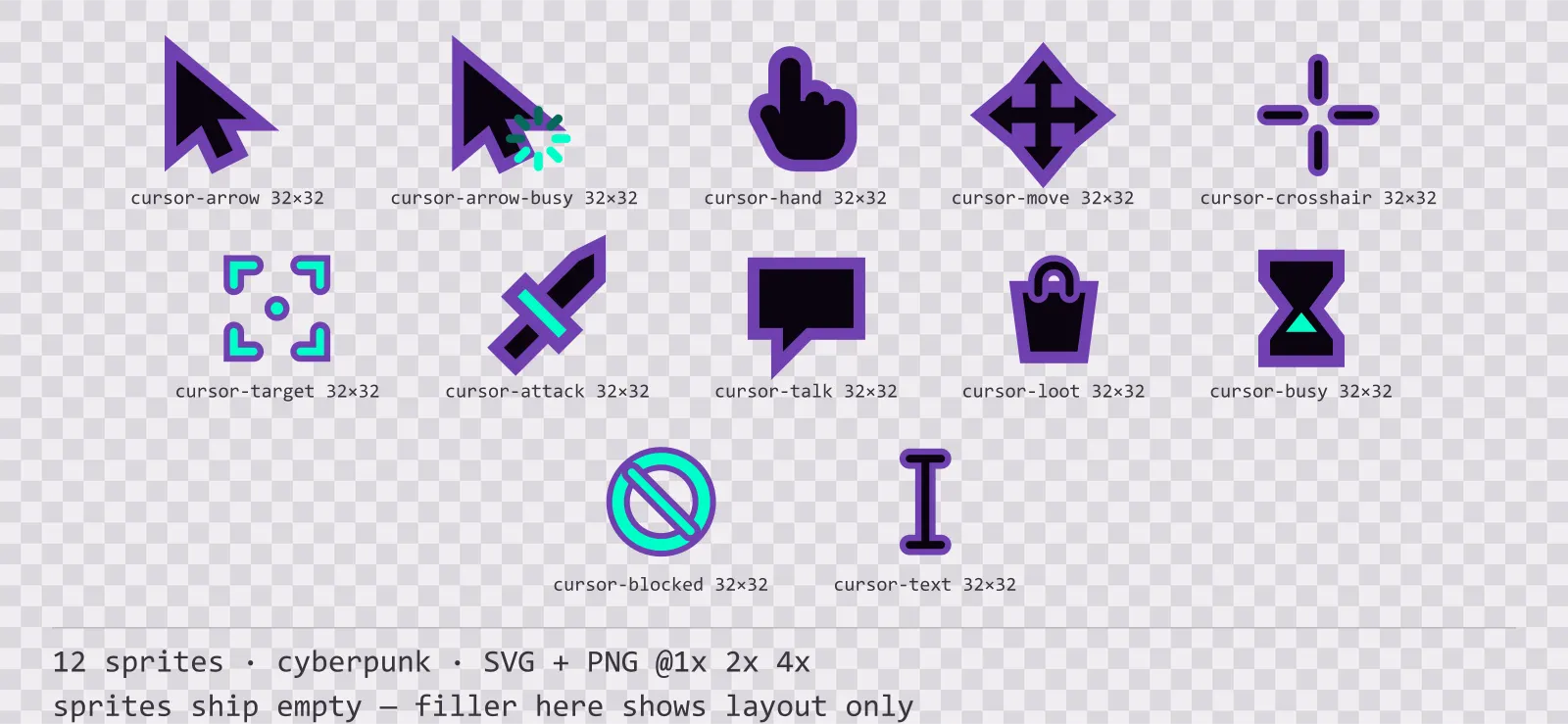 Sheet showing 12 cyberpunk mouse cursors from the Voidrunner family, arranged on a transparency checkerboard with their pixel sizes printed underneath