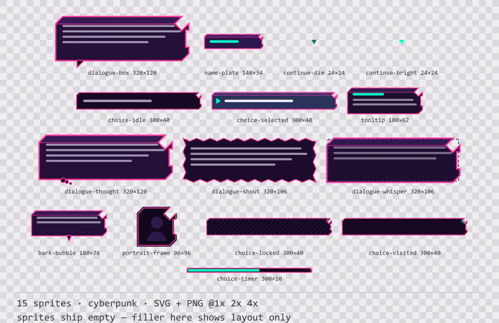 Sheet showing 15 cyberpunk dialogue components from the Voidrunner family, arranged on a transparency checkerboard with their pixel sizes printed underneath