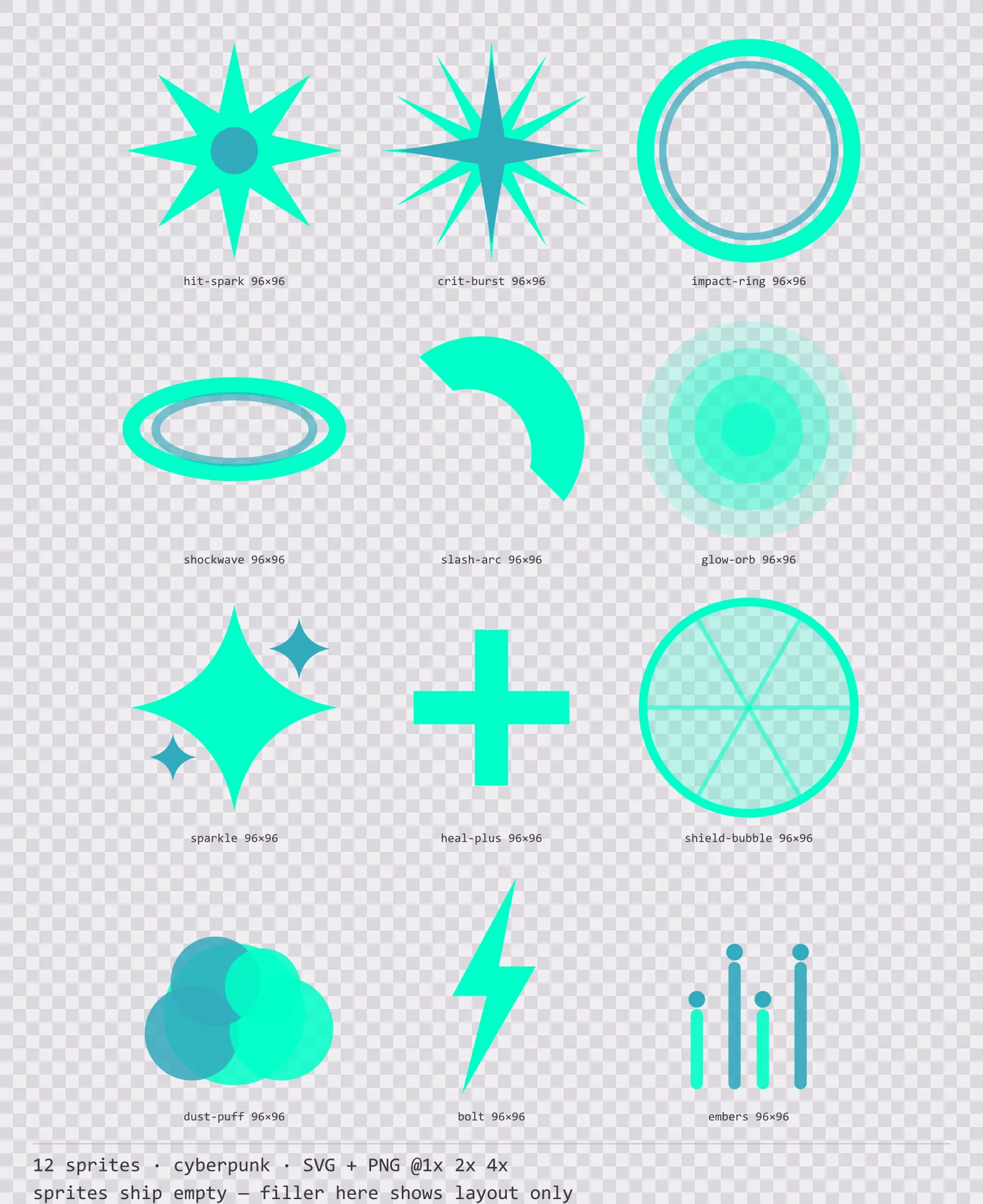 Sheet showing 12 cyberpunk impact and effect sprites from the Voidrunner family, arranged on a transparency checkerboard with their pixel sizes printed underneath