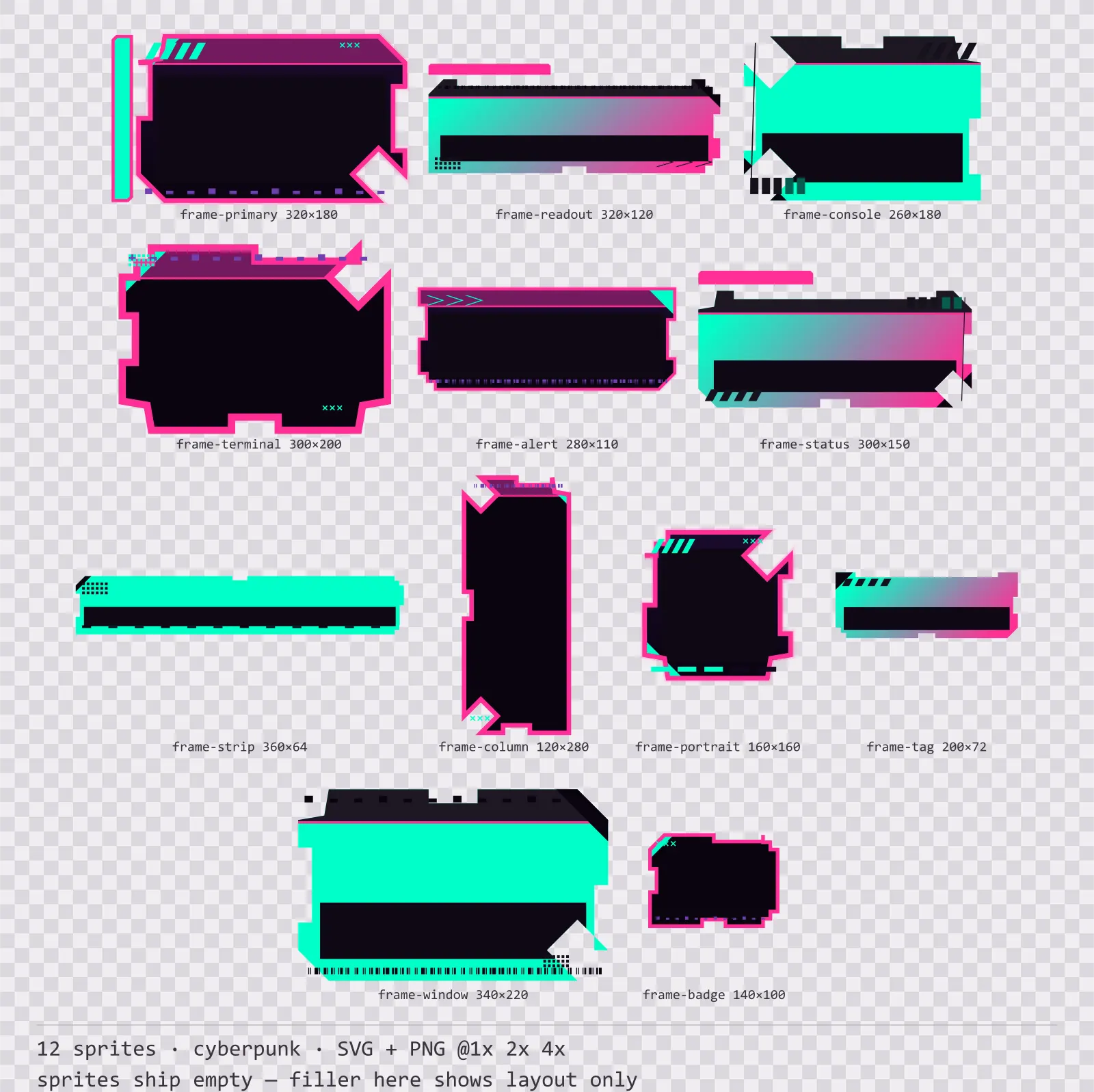Sheet showing 12 cyberpunk HUD frames from the Voidrunner family, arranged on a transparency checkerboard with their pixel sizes printed underneath