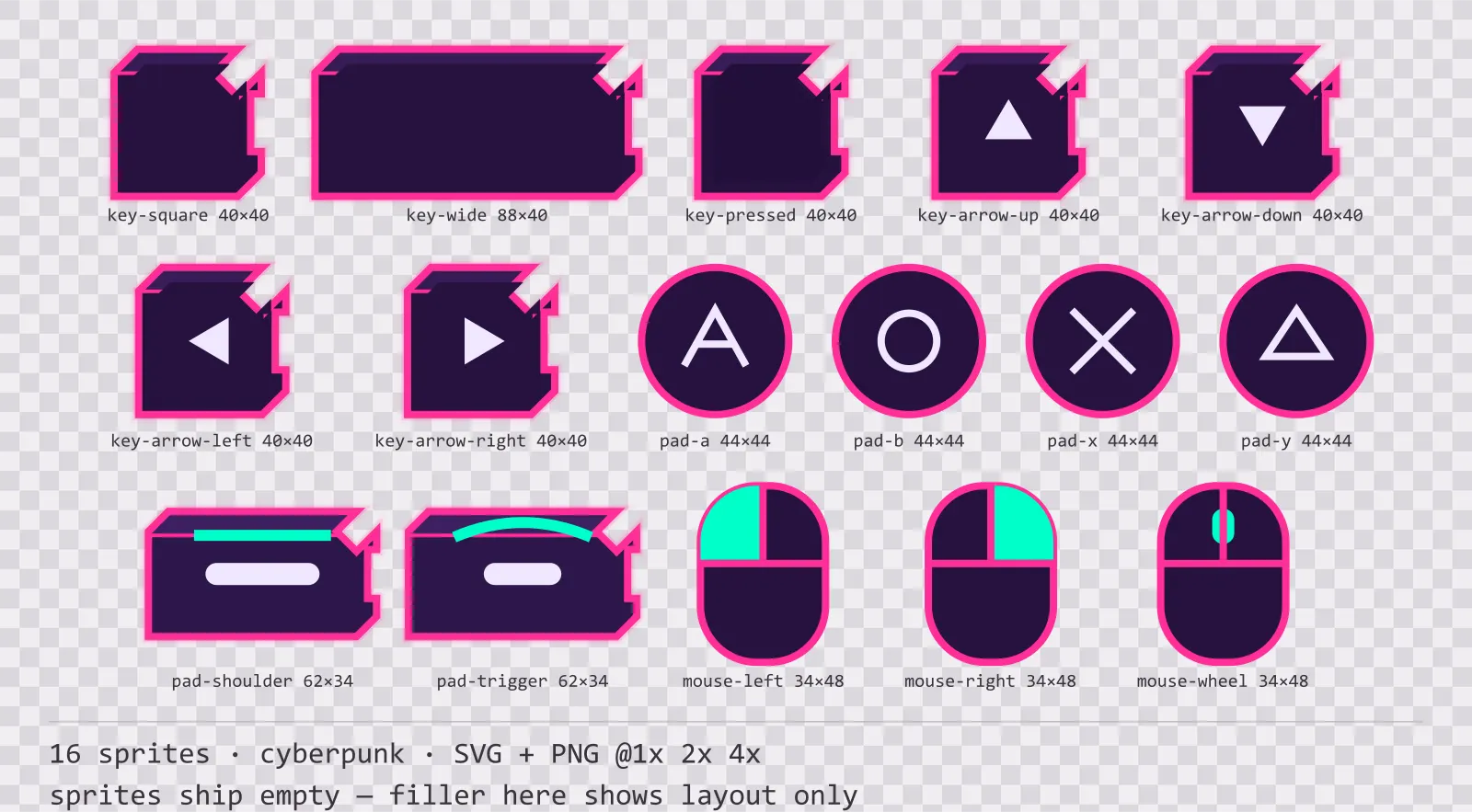Sheet showing 16 cyberpunk input prompt sprites from the Voidrunner family, arranged on a transparency checkerboard with their pixel sizes printed underneath