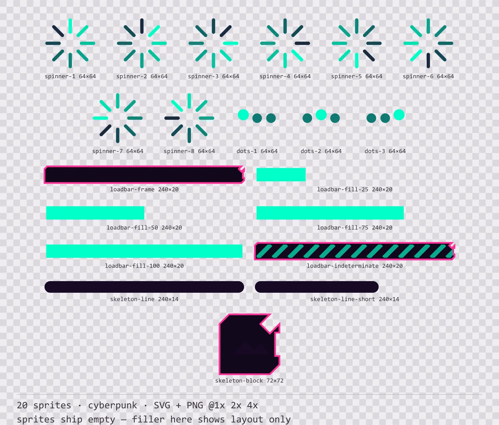 Sheet showing 20 cyberpunk loading and waiting indicators from the Voidrunner family, arranged on a transparency checkerboard with their pixel sizes printed underneath