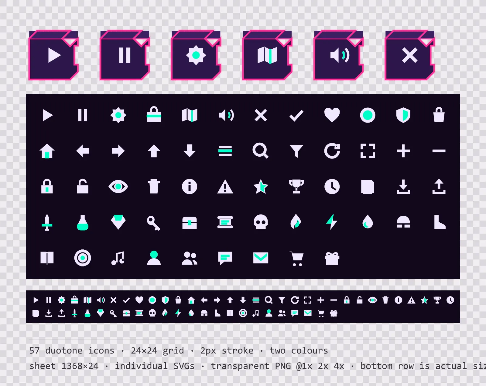 57 two-tone game menu icons on void neon tiles, shown large, laid out on a sheet grid, and again at actual 24 pixel size