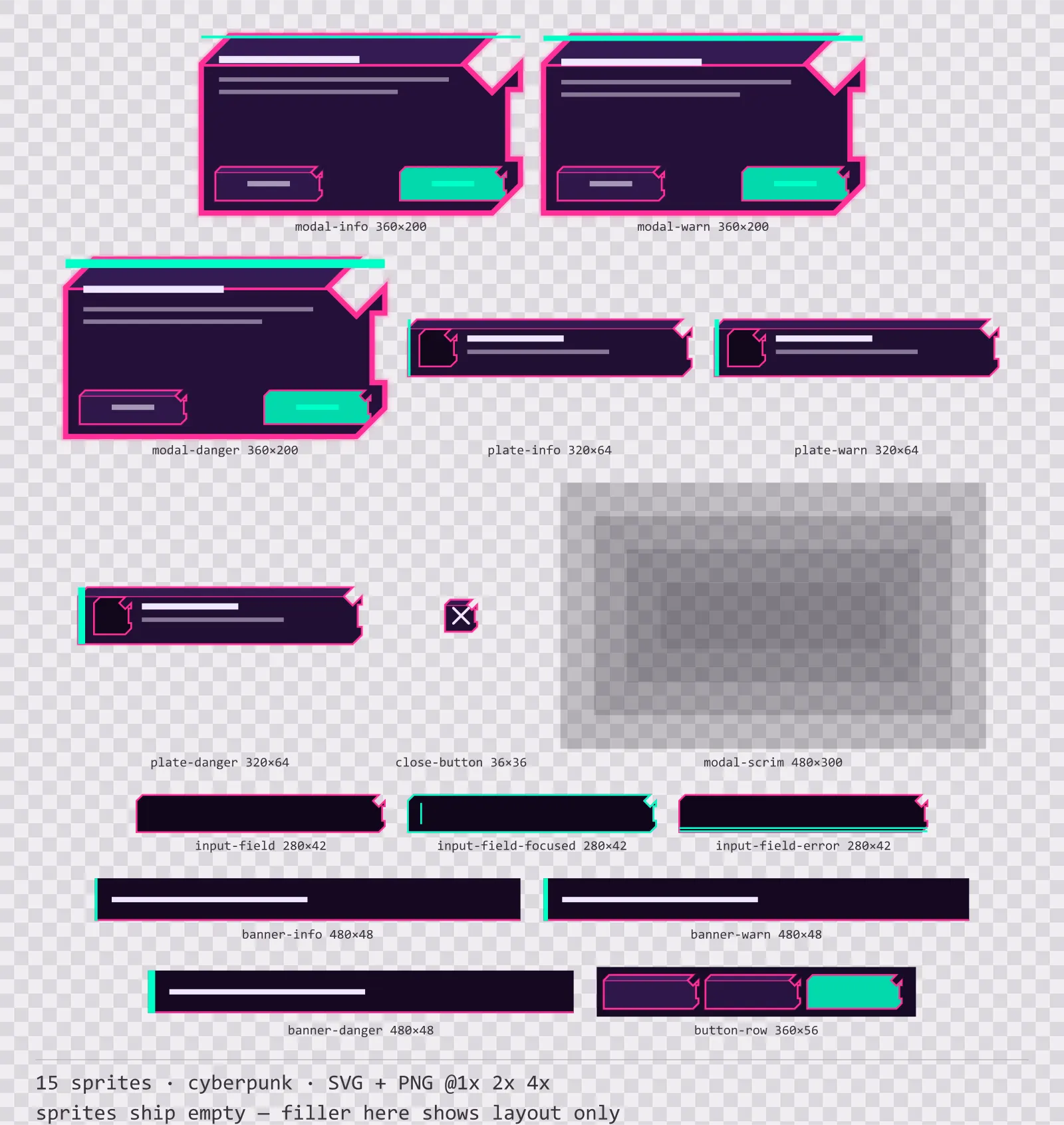 Sheet showing 15 cyberpunk modal dialogs and system notices from the Voidrunner family, arranged on a transparency checkerboard with their pixel sizes printed underneath