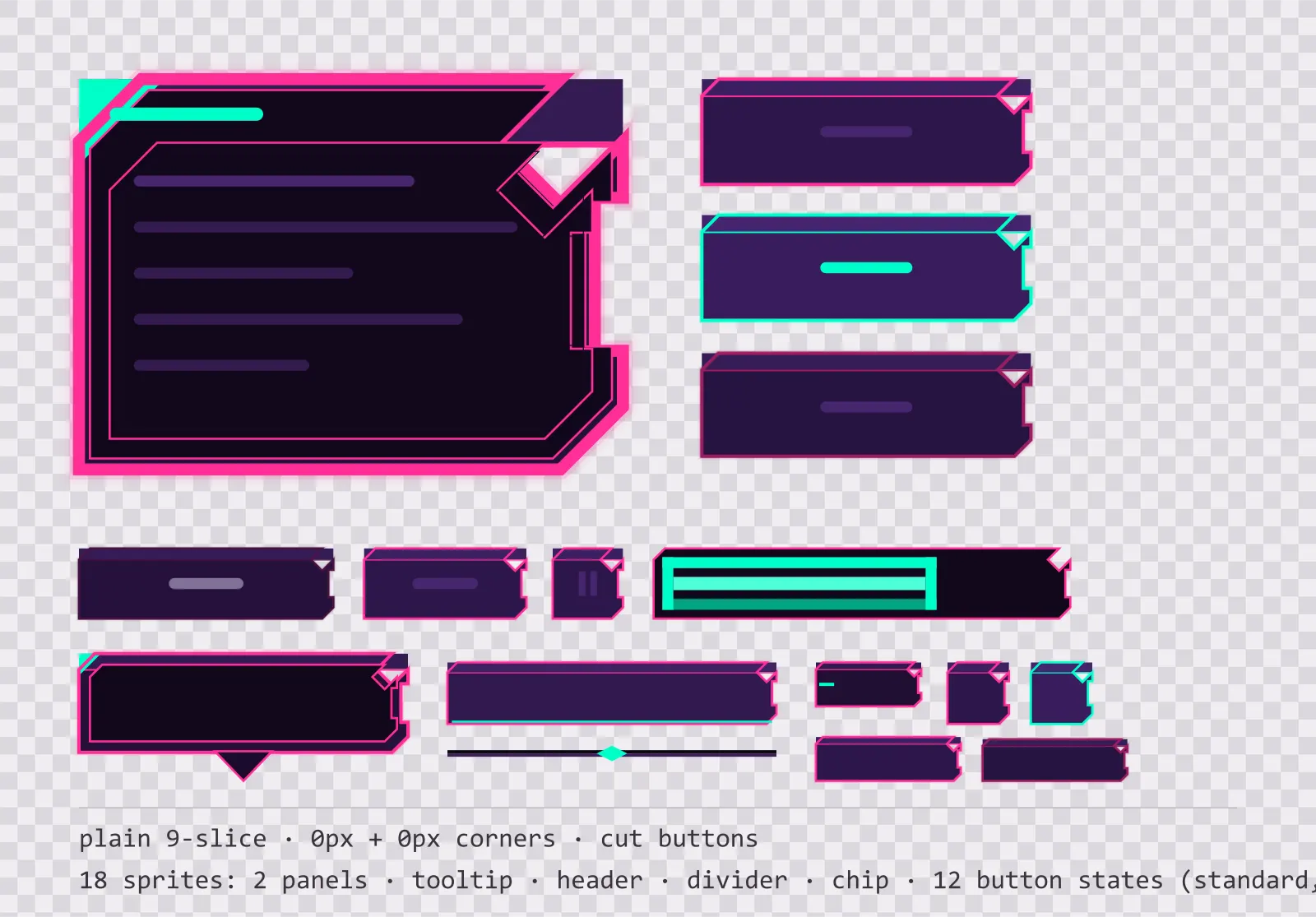 void neon game menu panel with a toxic mint title strip and a recessed list area, next to a column showing the same chamfered button in default, outlined hover and pushed-in pressed states