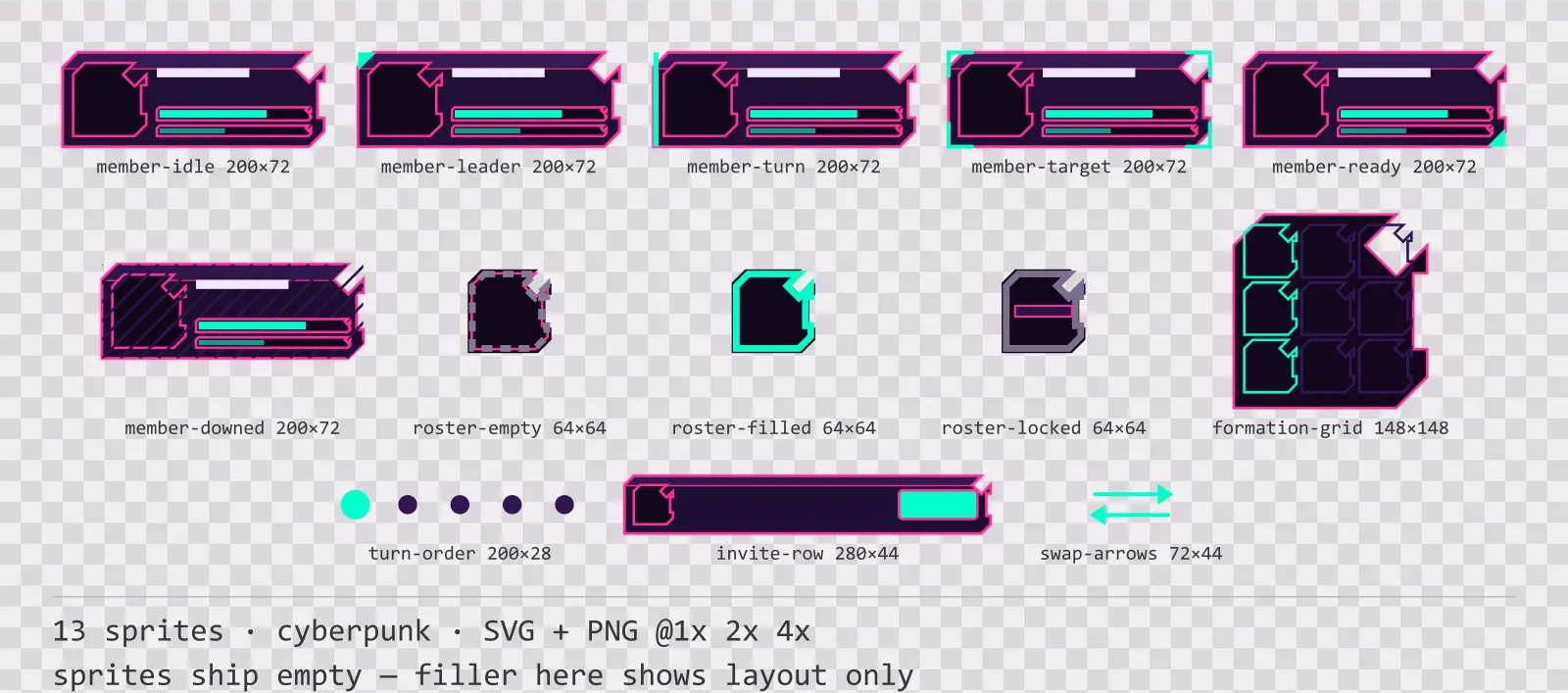 Sheet showing 13 cyberpunk party and roster widgets from the Voidrunner family, arranged on a transparency checkerboard with their pixel sizes printed underneath