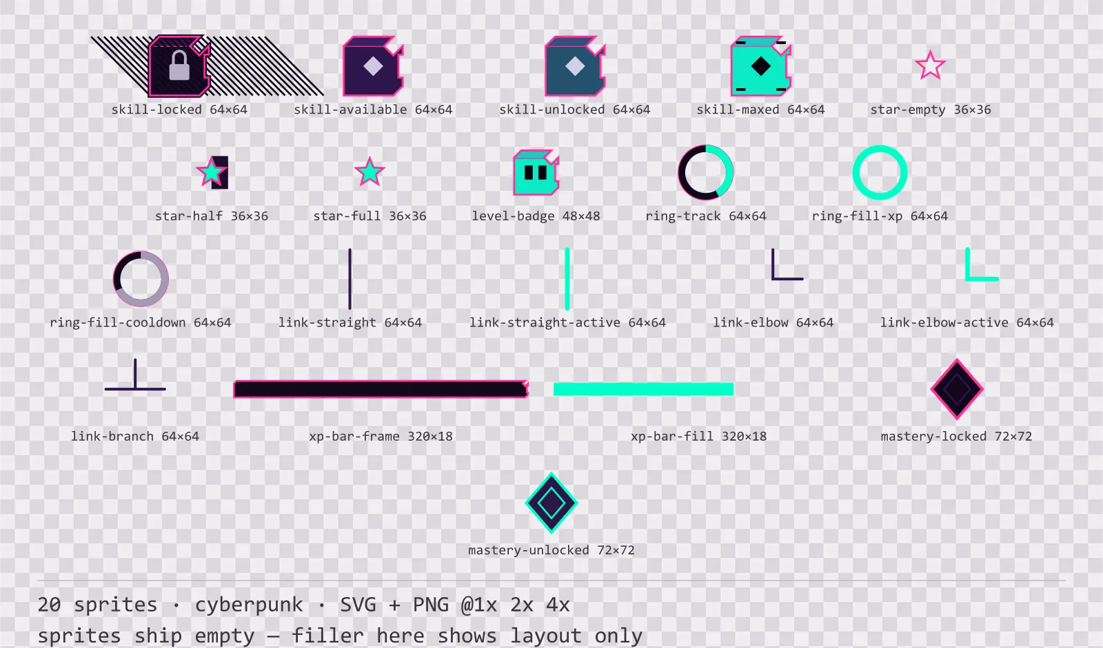 Sheet showing 20 cyberpunk progression and reward components from the Voidrunner family, arranged on a transparency checkerboard with their pixel sizes printed underneath