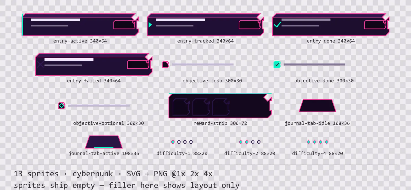 Sheet showing 13 cyberpunk quest log and objective widgets from the Voidrunner family, arranged on a transparency checkerboard with their pixel sizes printed underneath